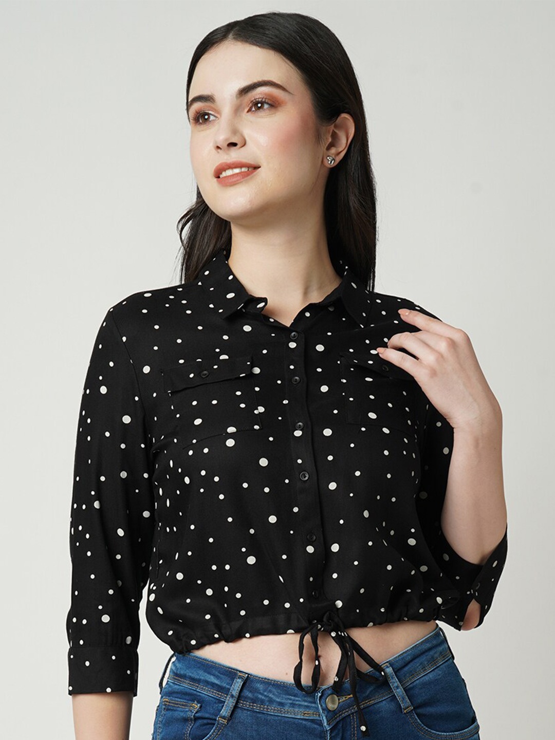 

Kraus Jeans Spread Collar Tie Ups Slim Fit Polka Dot Crop Opaque Printed Casual Shirt, Black