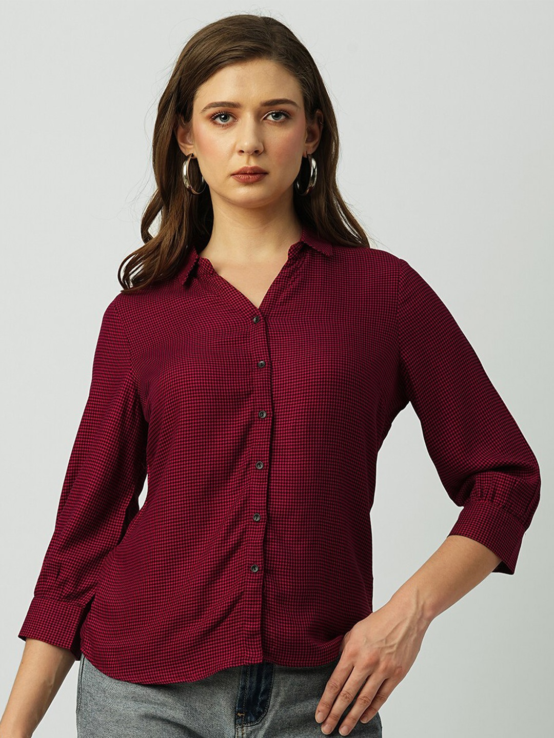 

Kraus Jeans Micro Checks Curved Slim Fit Spread Collar Casual Shirt, Red