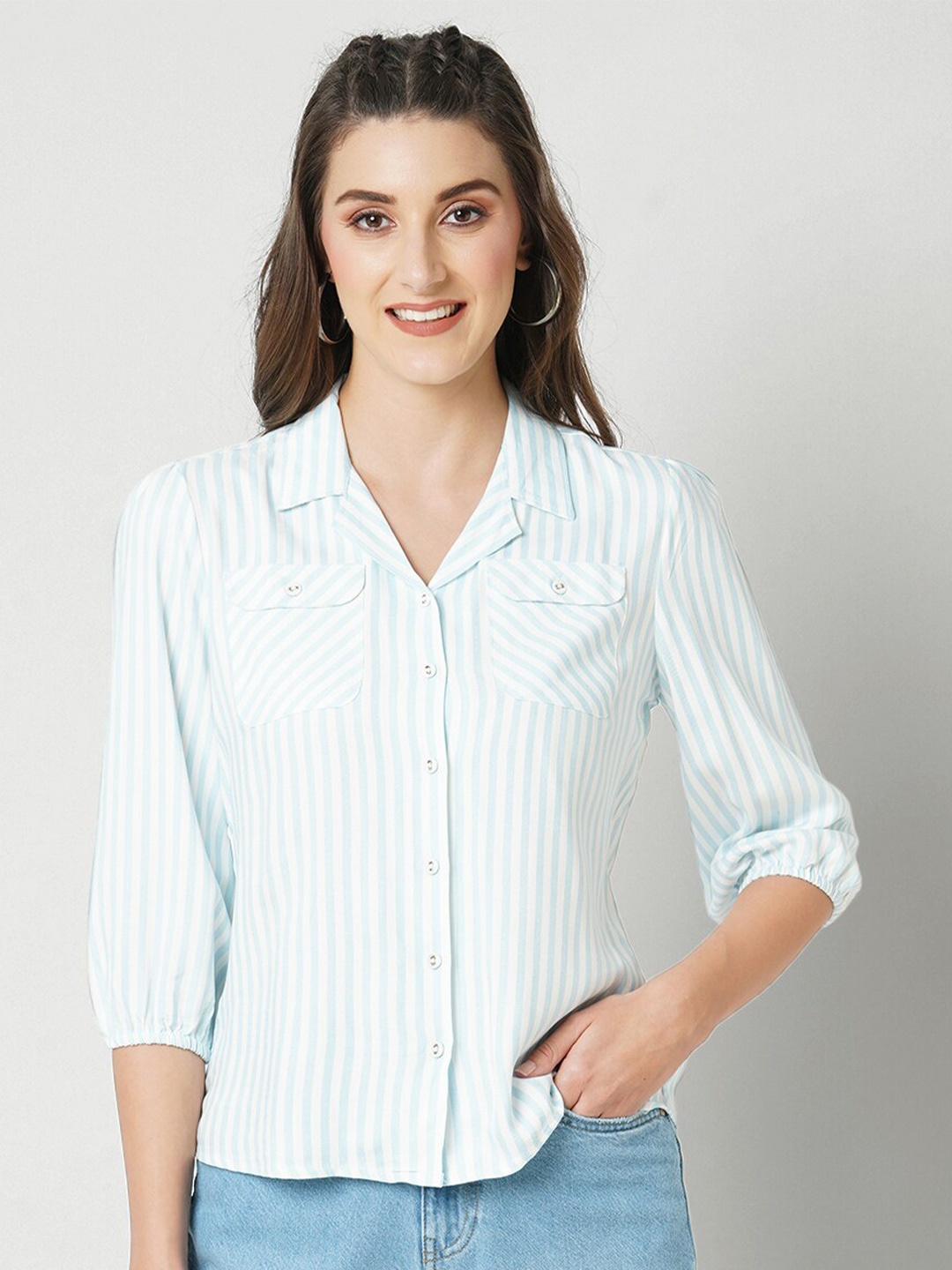 

Kraus Jeans Striped Slim Fit Spread Collar Curved Casual Shirt, Blue