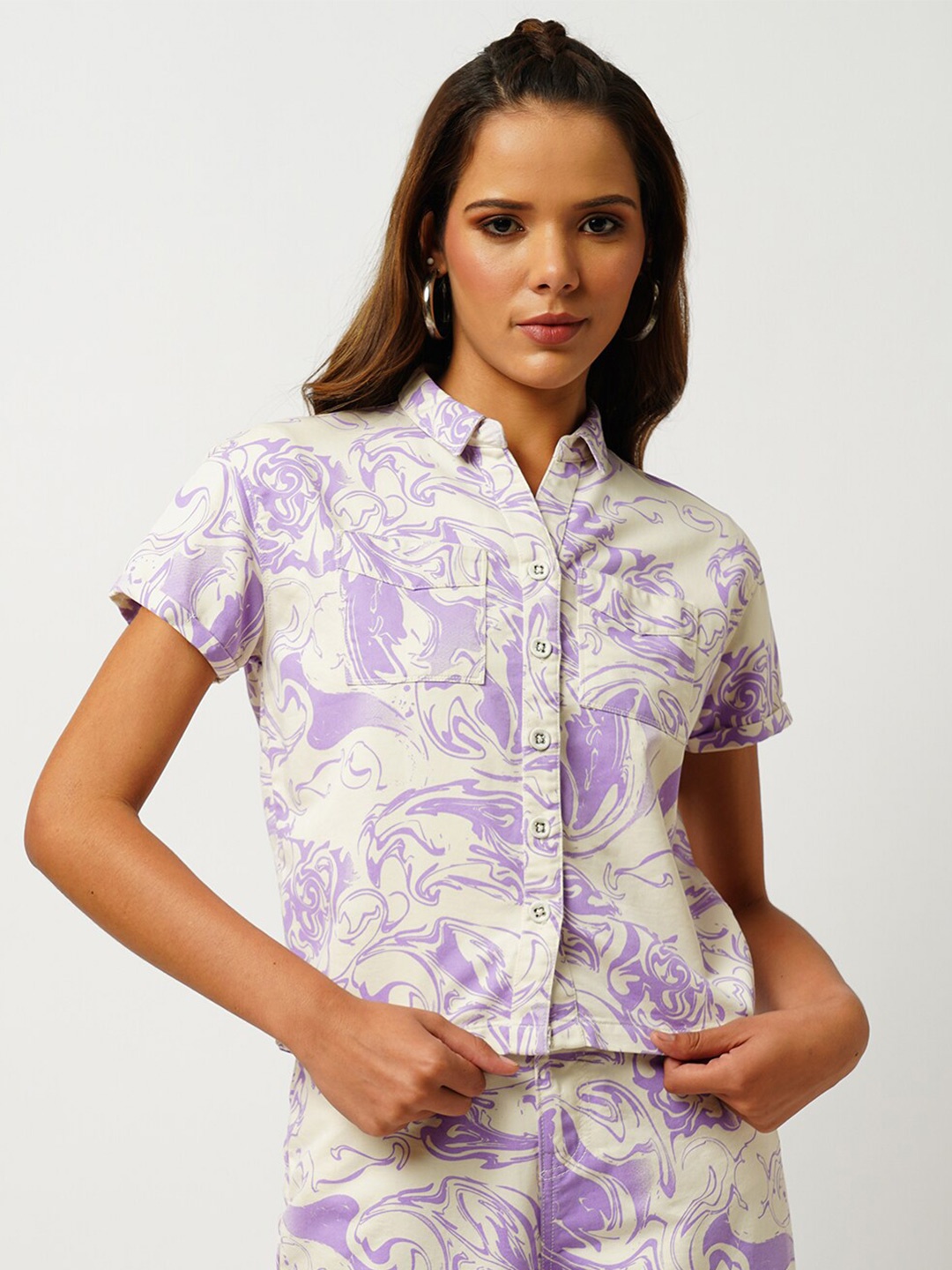

Kraus Jeans Slim Fit Floral Printed Spread Collar Short Sleeves Casual Shirt, Purple