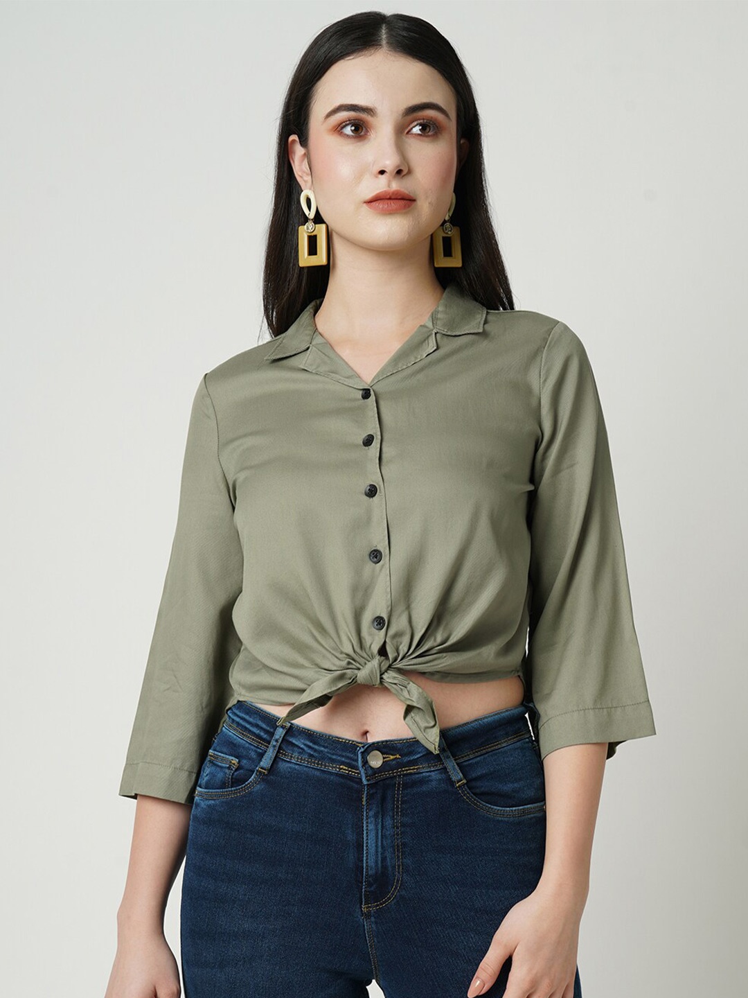 

Kraus Jeans Slim Fit Casual Crop Shirt, Green
