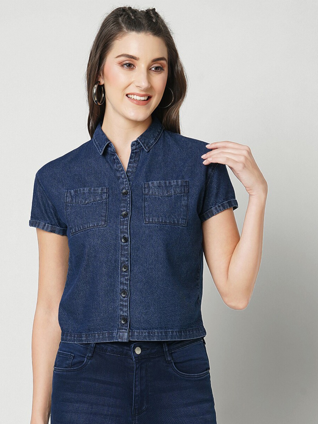 

Kraus Jeans Slim Fit Denim Crop Casual Shirt, Blue