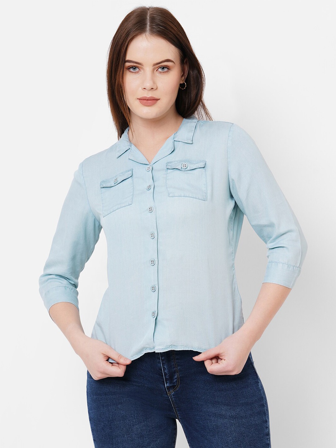 

Kraus Jeans Lapel Collar Three Quarter Sleeves Slim Fit Opaque Casual Shirt, Blue