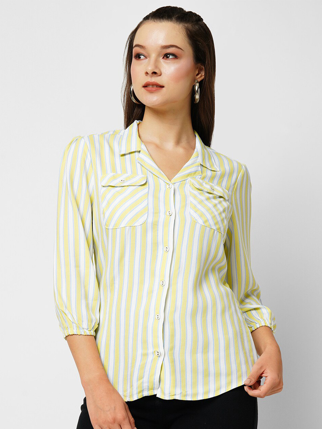 

Kraus Jeans Lapel Collar Three Quarter Sleeves Slim Fit Opaque Striped Casual Shirt, Green