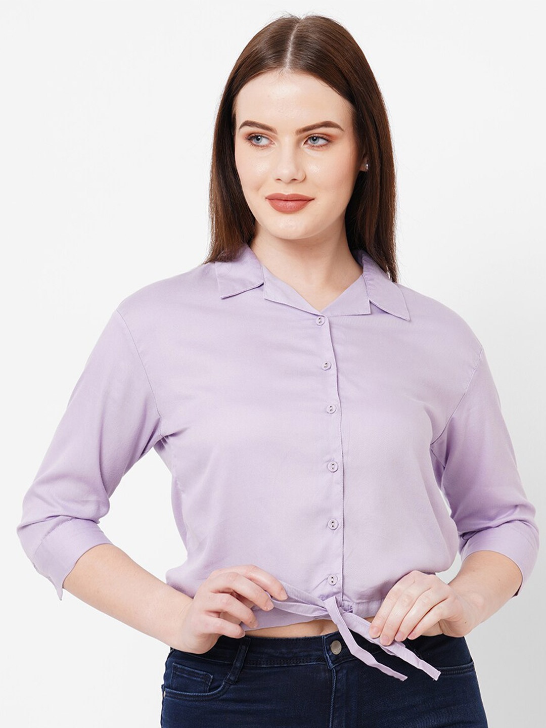 

Kraus Jeans Lapel Collar Cuffed Sleeves Tie Ups Crop Slim Fit Opaque Casual Shirt, Purple