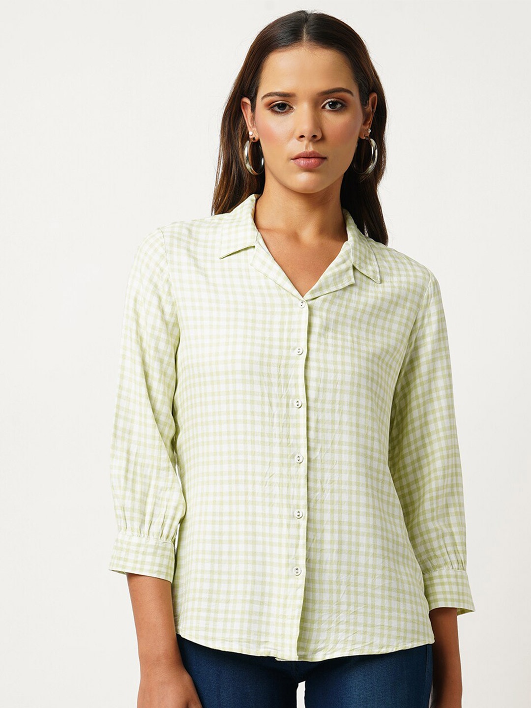 

Kraus Jeans Lapel Collar Cuff Sleeves Slim Fit Gingham Checks Opaque Checked Casual Shirt, Green