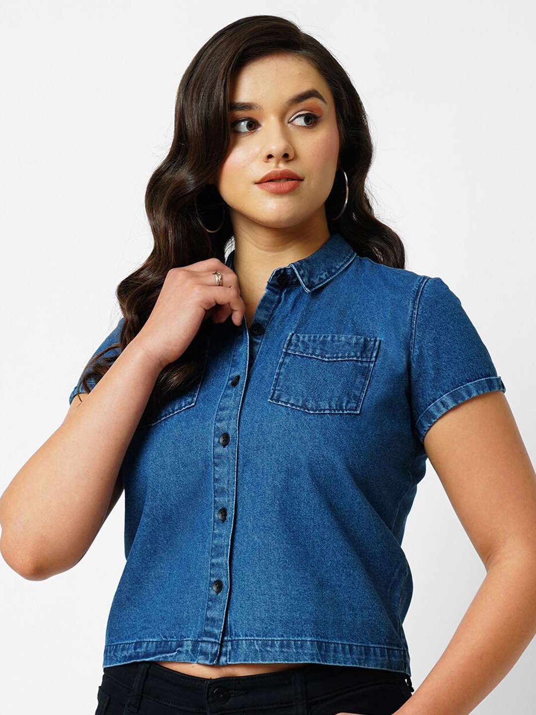 

Kraus Jeans Slim Fit Casual Crop Shirt, Blue