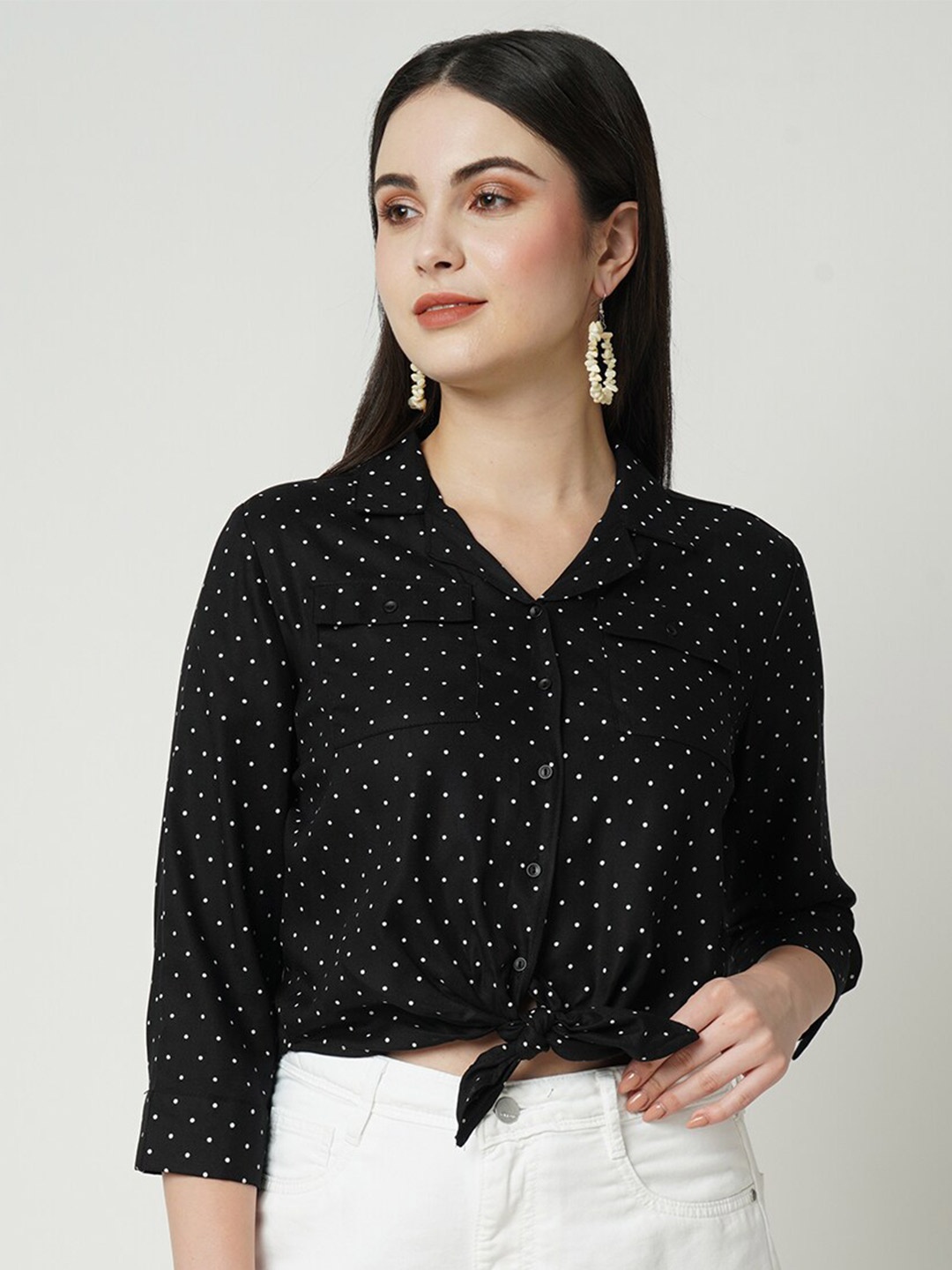 

Kraus Jeans Slim Fit Polka Dot Printed Spread Collar Casual Shirt, Black