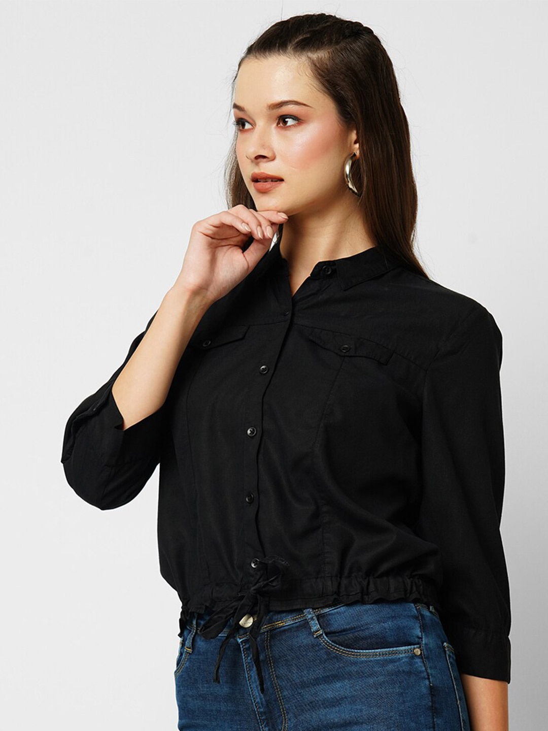 

Kraus Jeans Spread Collar Cuffed Sleeves Tie Ups Crop Slim Fit Opaque Casual Shirt, Black