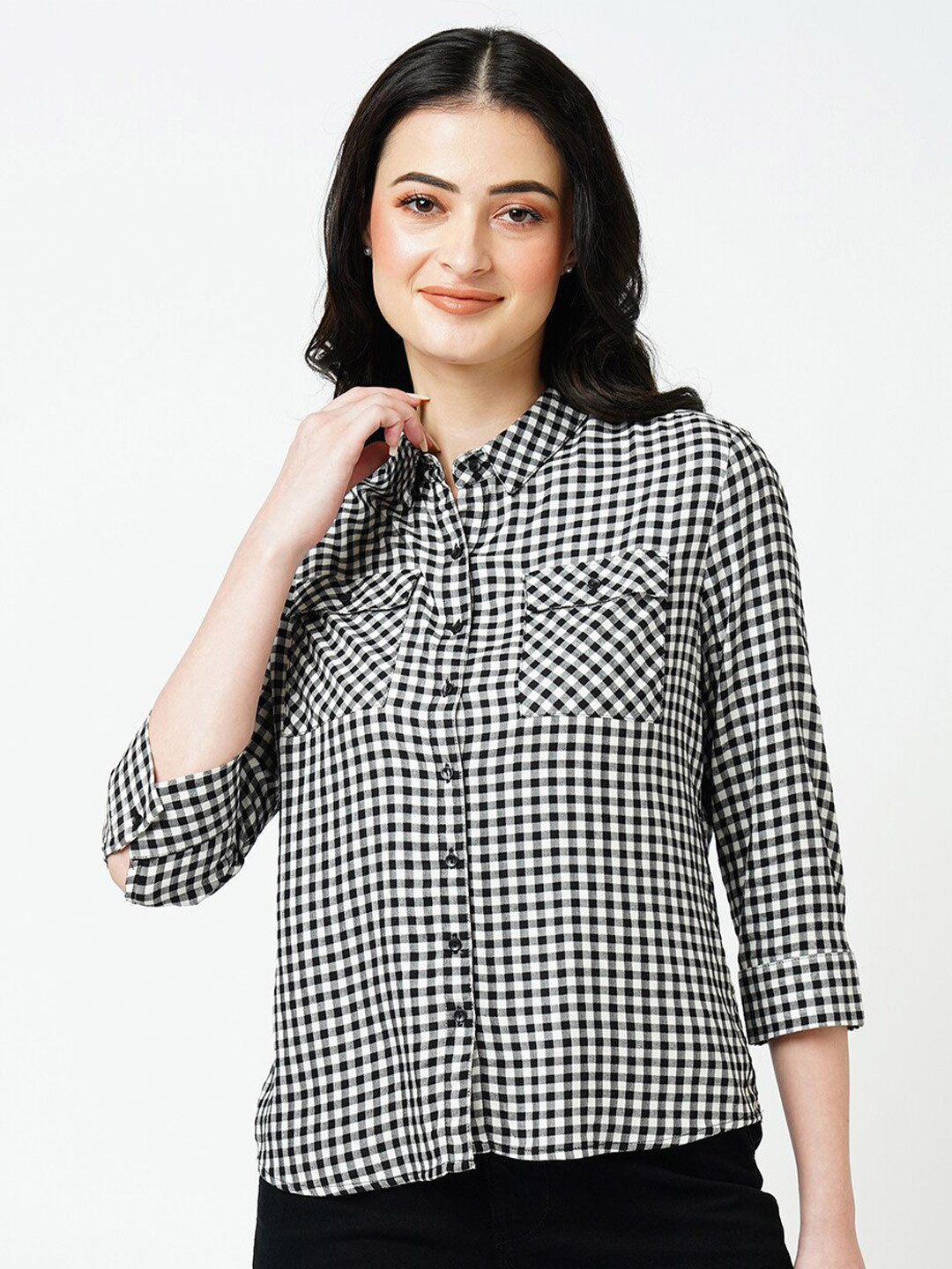 

Kraus Jeans Checked Slim Fit Curved Spread Collar Casual Shirt, Black