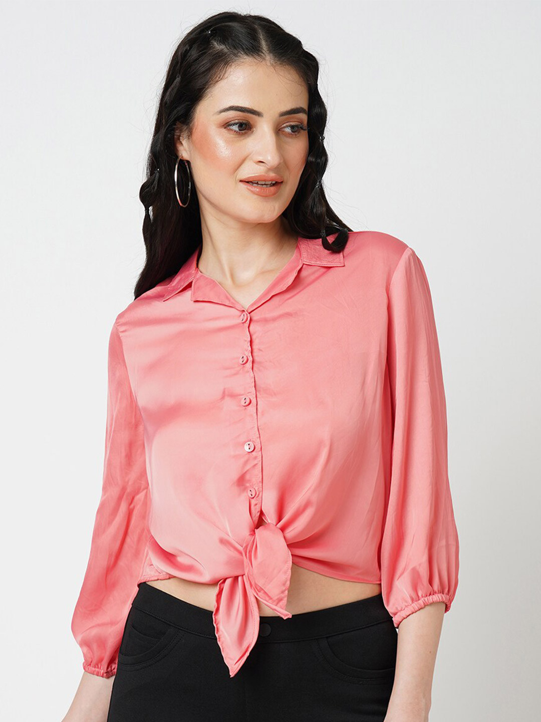 

Kraus Jeans Women Slim Fit Casual Crop Shirt, Peach