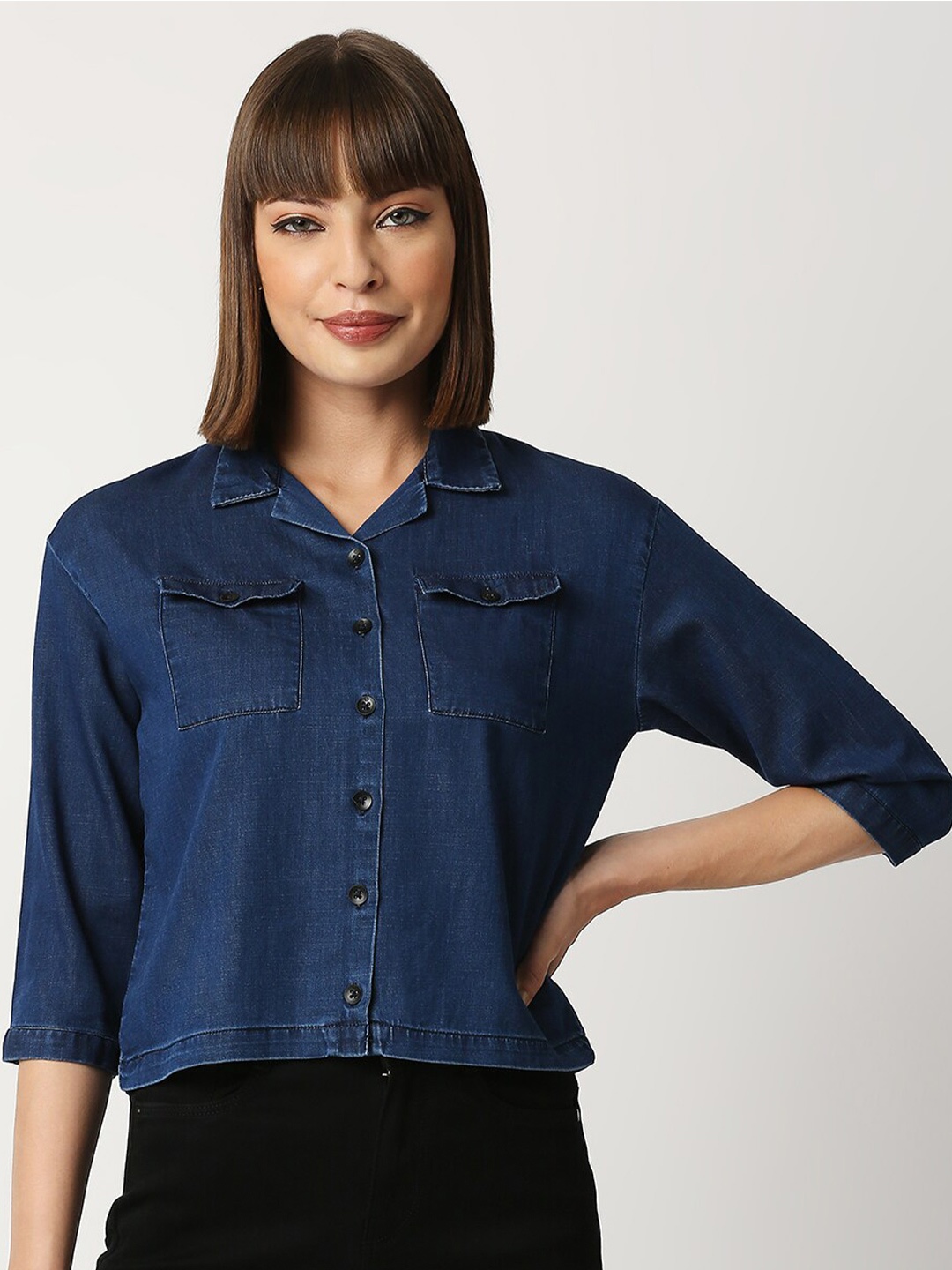

Kraus Jeans Slim Fit Crop Denim Casual Shirt, Blue