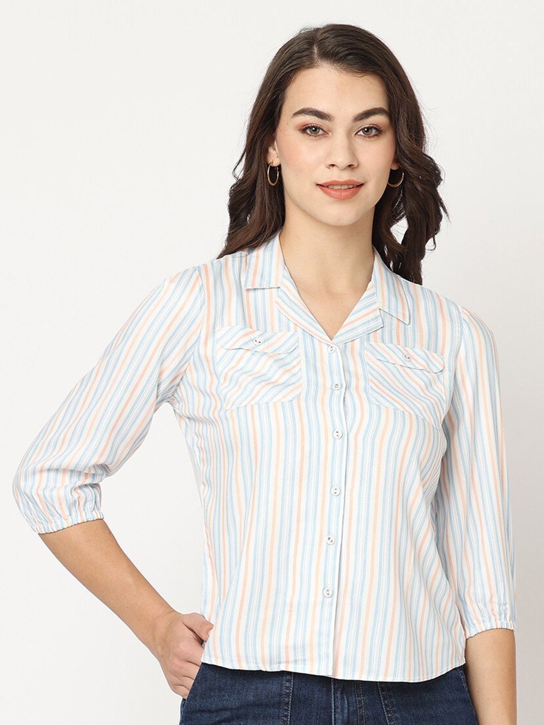 

Kraus Jeans Striped Slim Fit Spread Collar Curved Casual Shirt, White