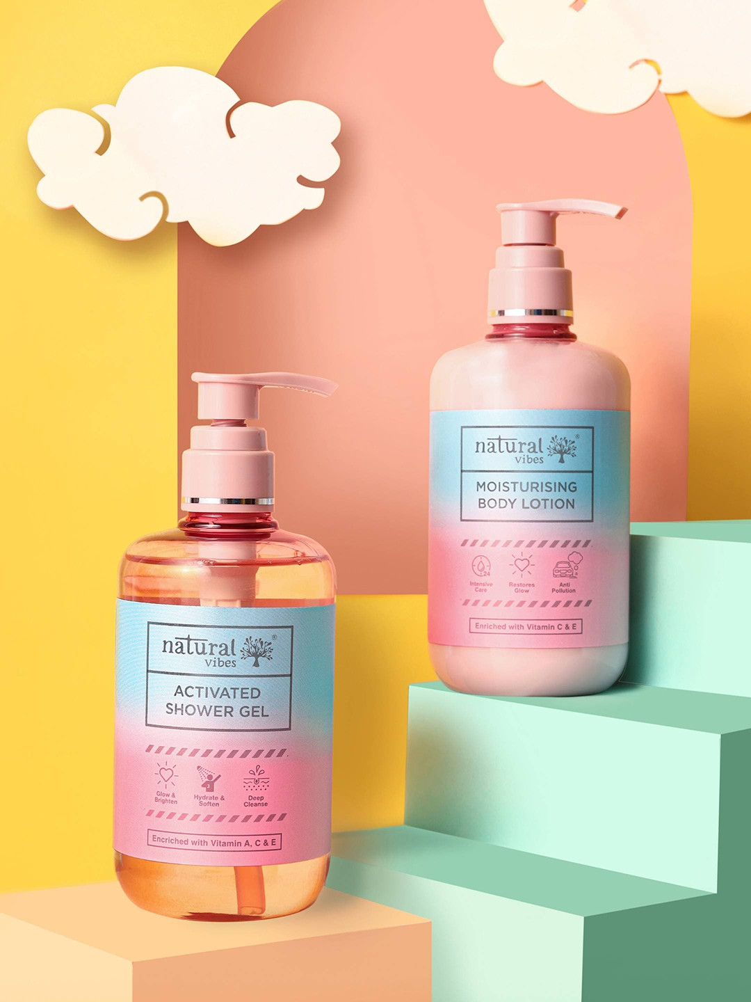 

natural vibes 2-Pcs Activated Shower Gel & Moisturizing Body Lotion Combo - 300ml Each, Pink