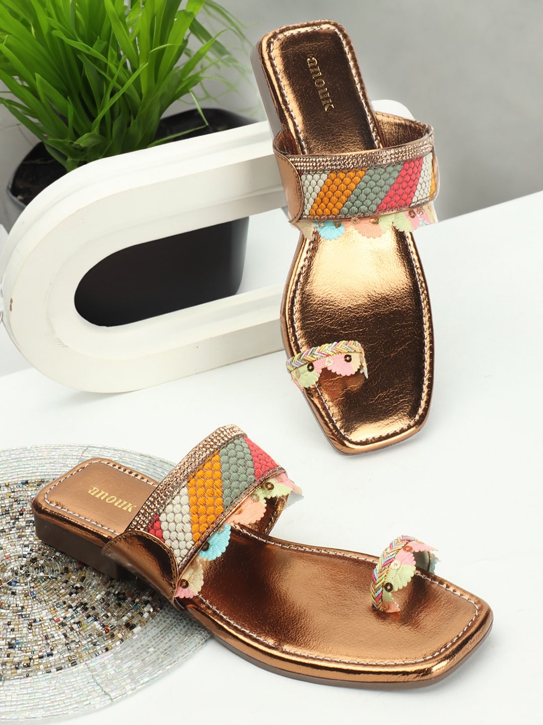 

Anouk Embellished One Toe Flats, Copper