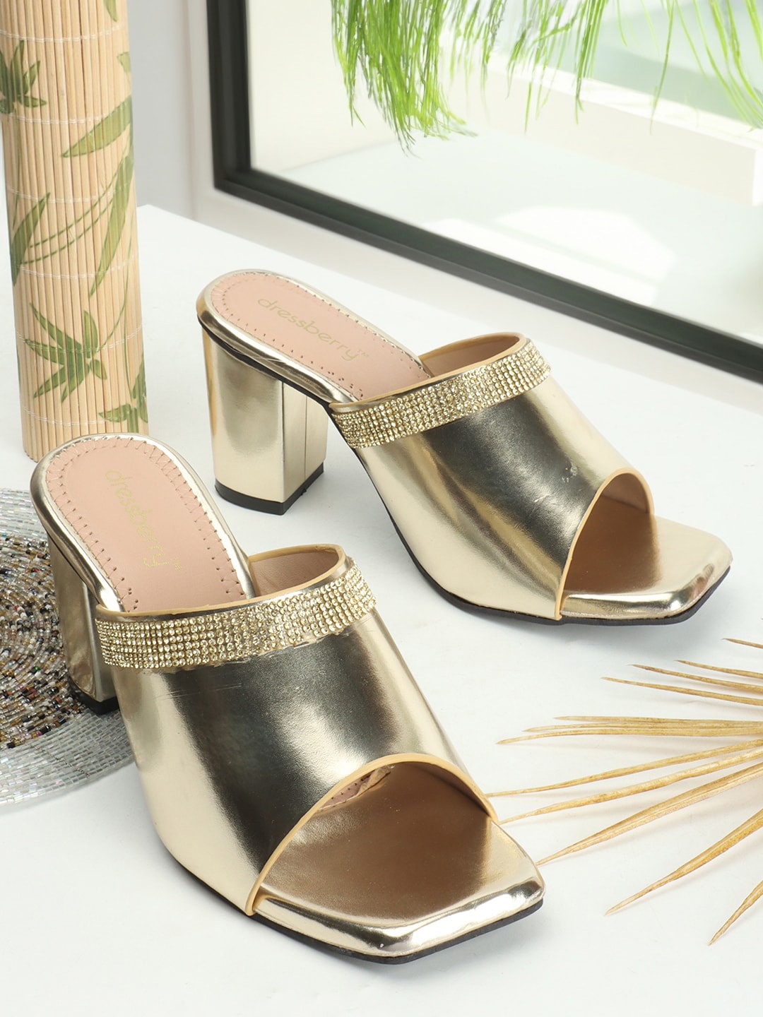 

DressBerry Embellished Open Toe Block Heels, Gold