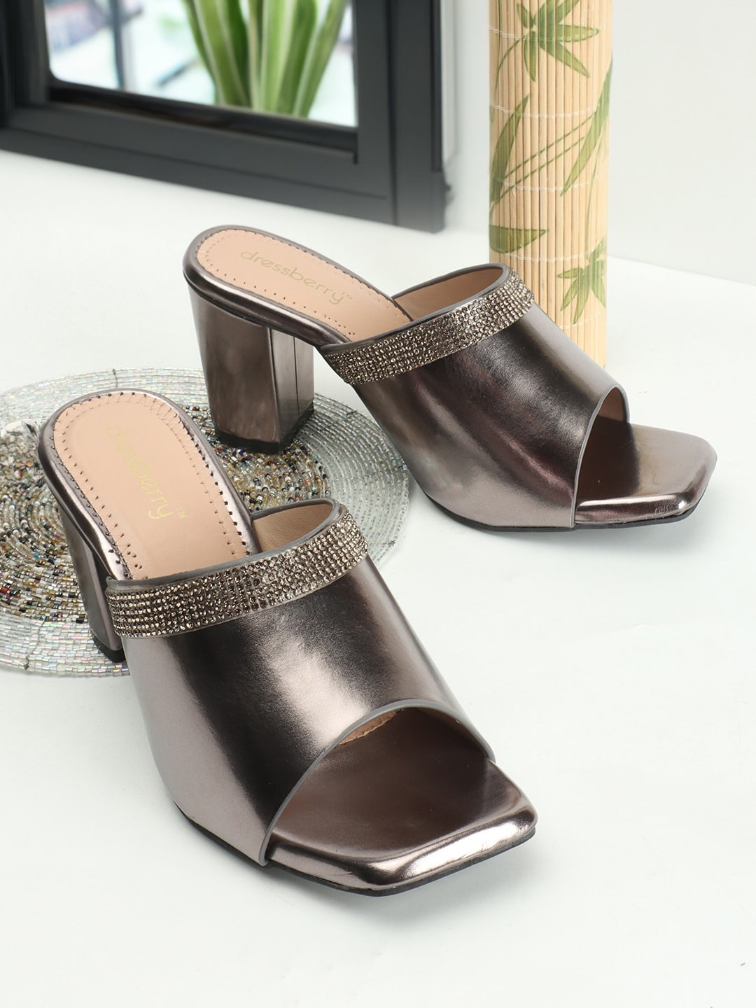 

DressBerry Embellished Open Toe Block Heels, Silver