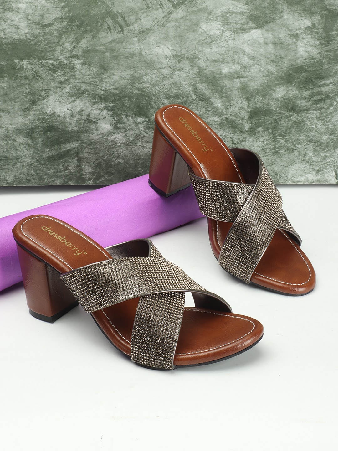 

DressBerry Silver-Toned Embellished Open Toe Block Heels