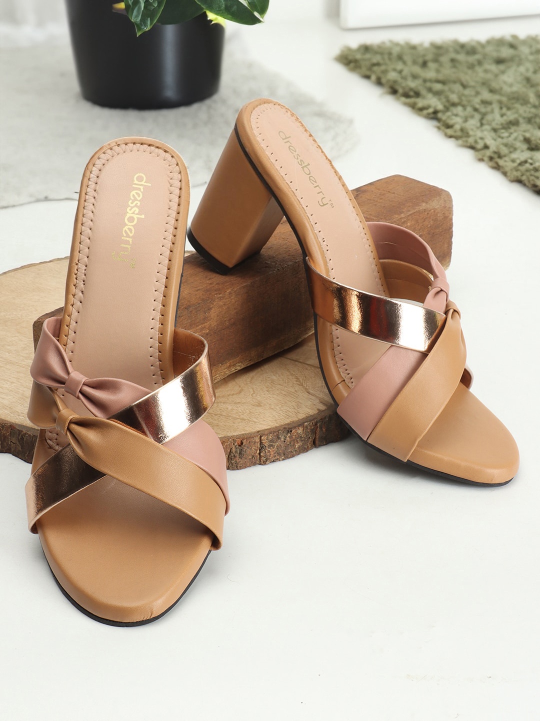 

DressBerry Colourblocked Strappy Block Heels, Tan