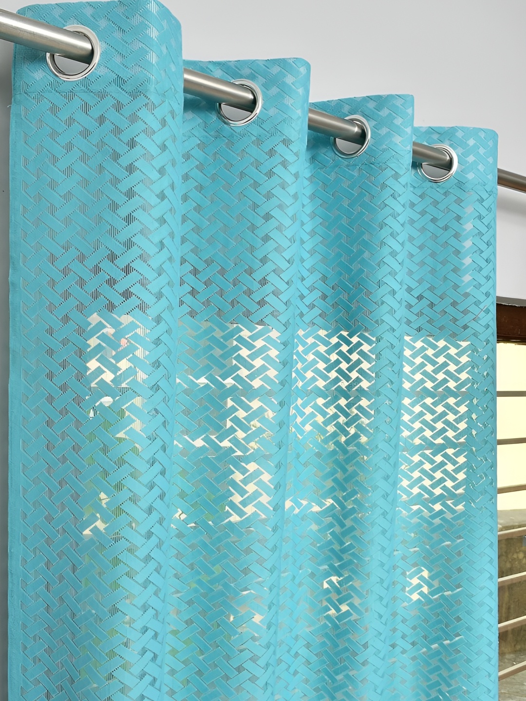 

fabrilia Turquoise Blue 2 Pieces Geometric Sheer Door Curtain
