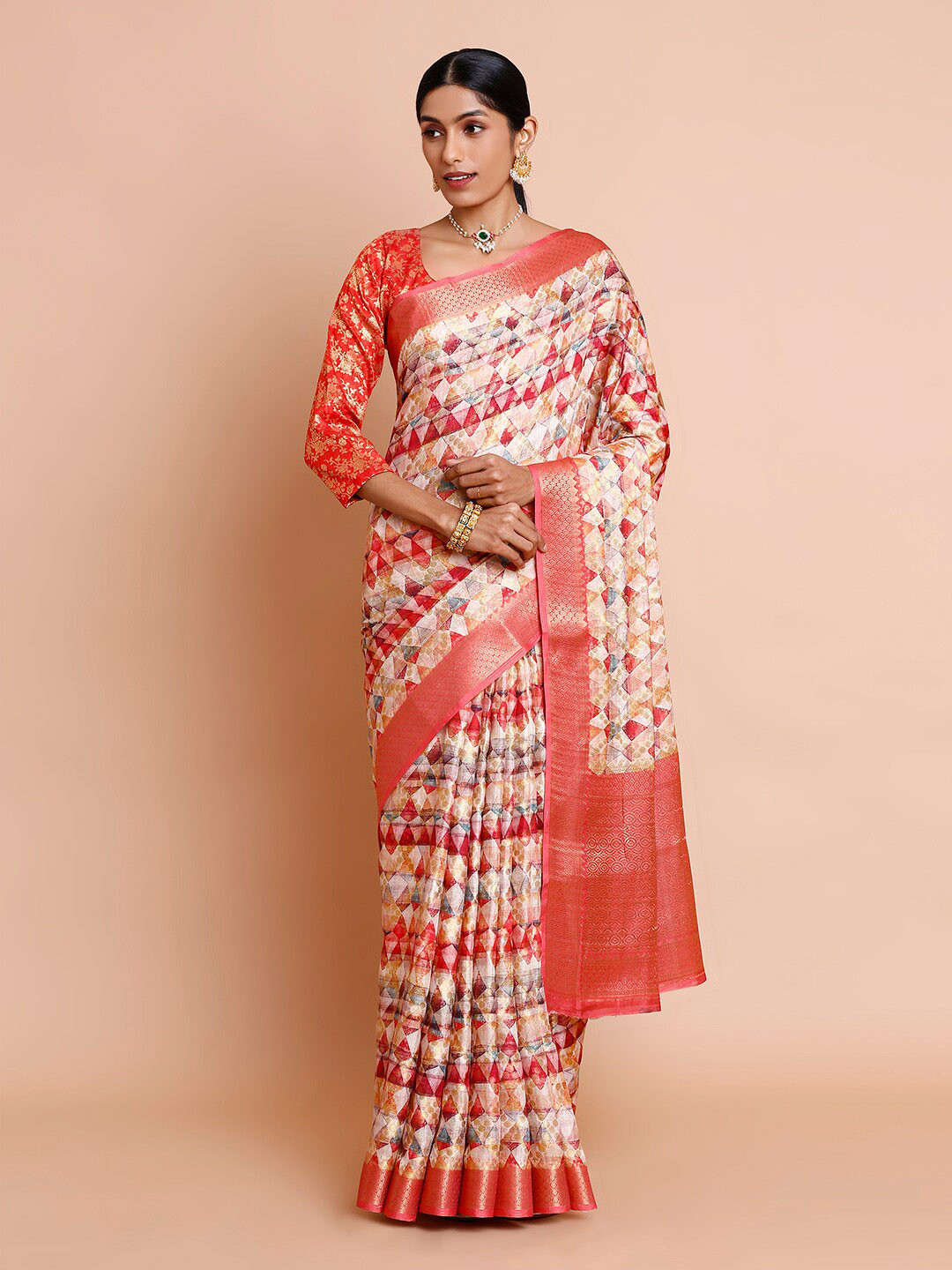 

Kalyan Silks Geometric Printed Zari Paithani Saree, Cream