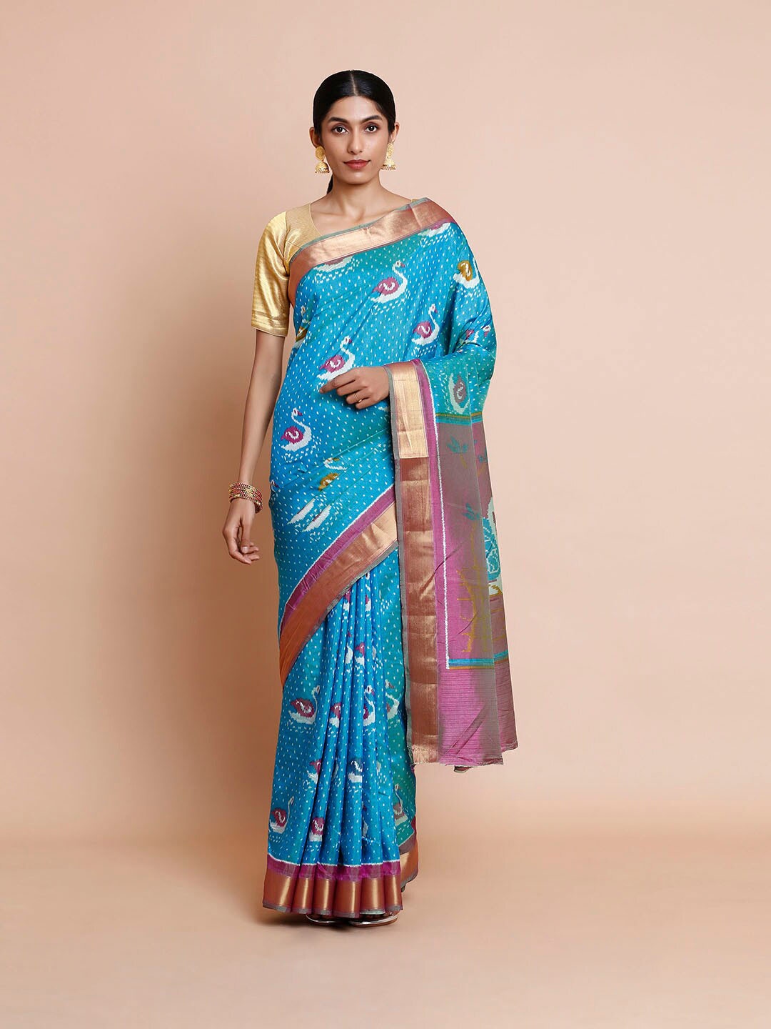 

Kalyan Silks Ethnic Motifs Printed Zari Paithani Saree, Teal