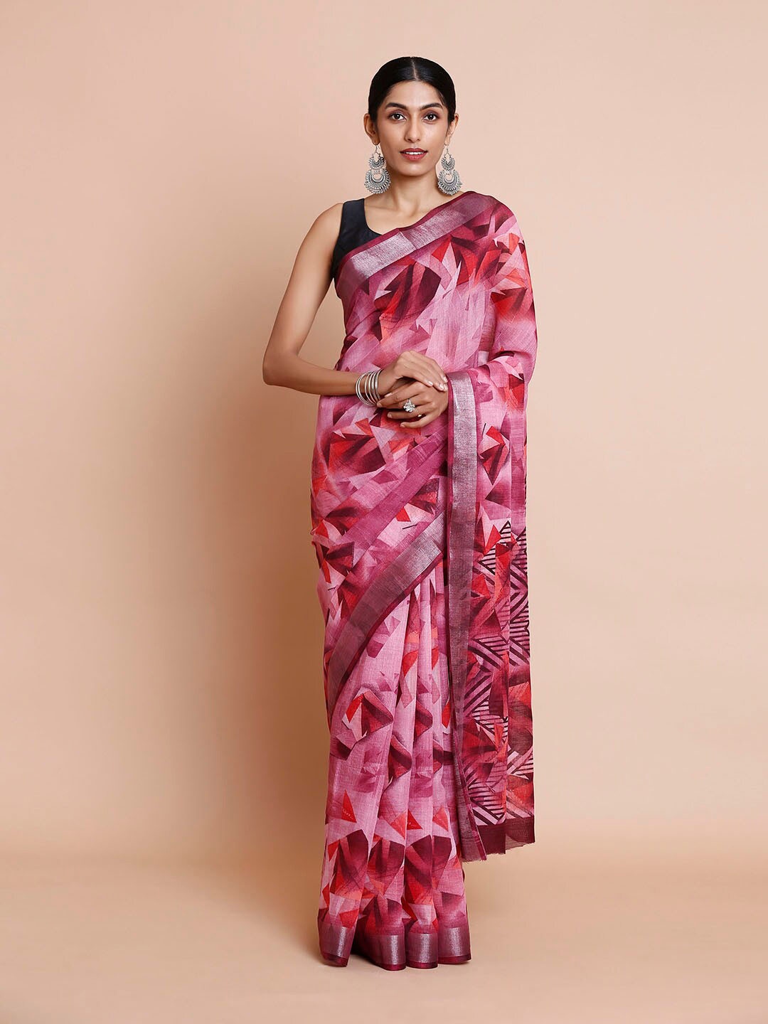 

Kalyan Silks Geometric Printed Zari Linen Bagru Saree, Pink