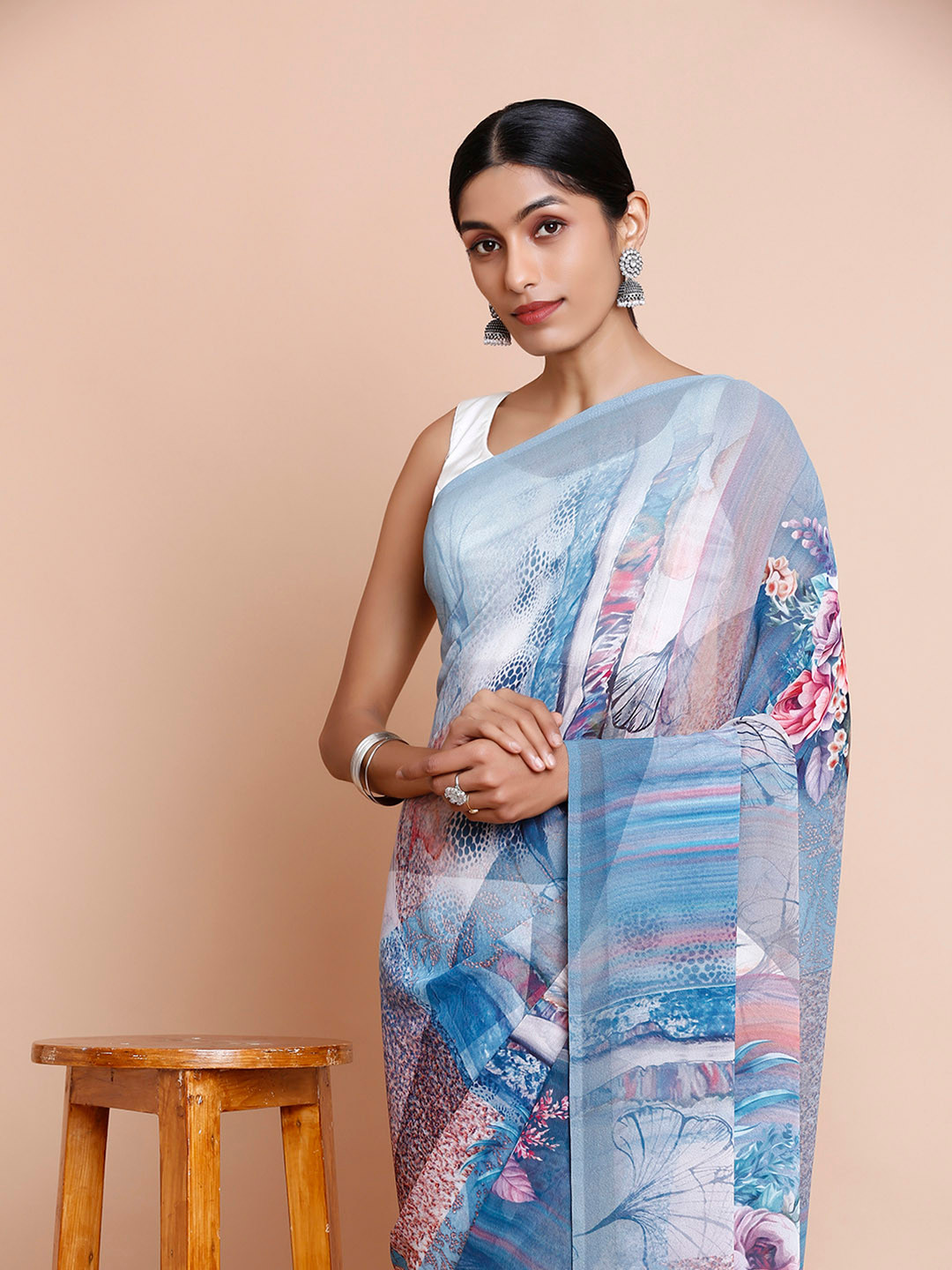 

Kalyan Silks Floral Printed Pure Georgette Garad Saree, Blue