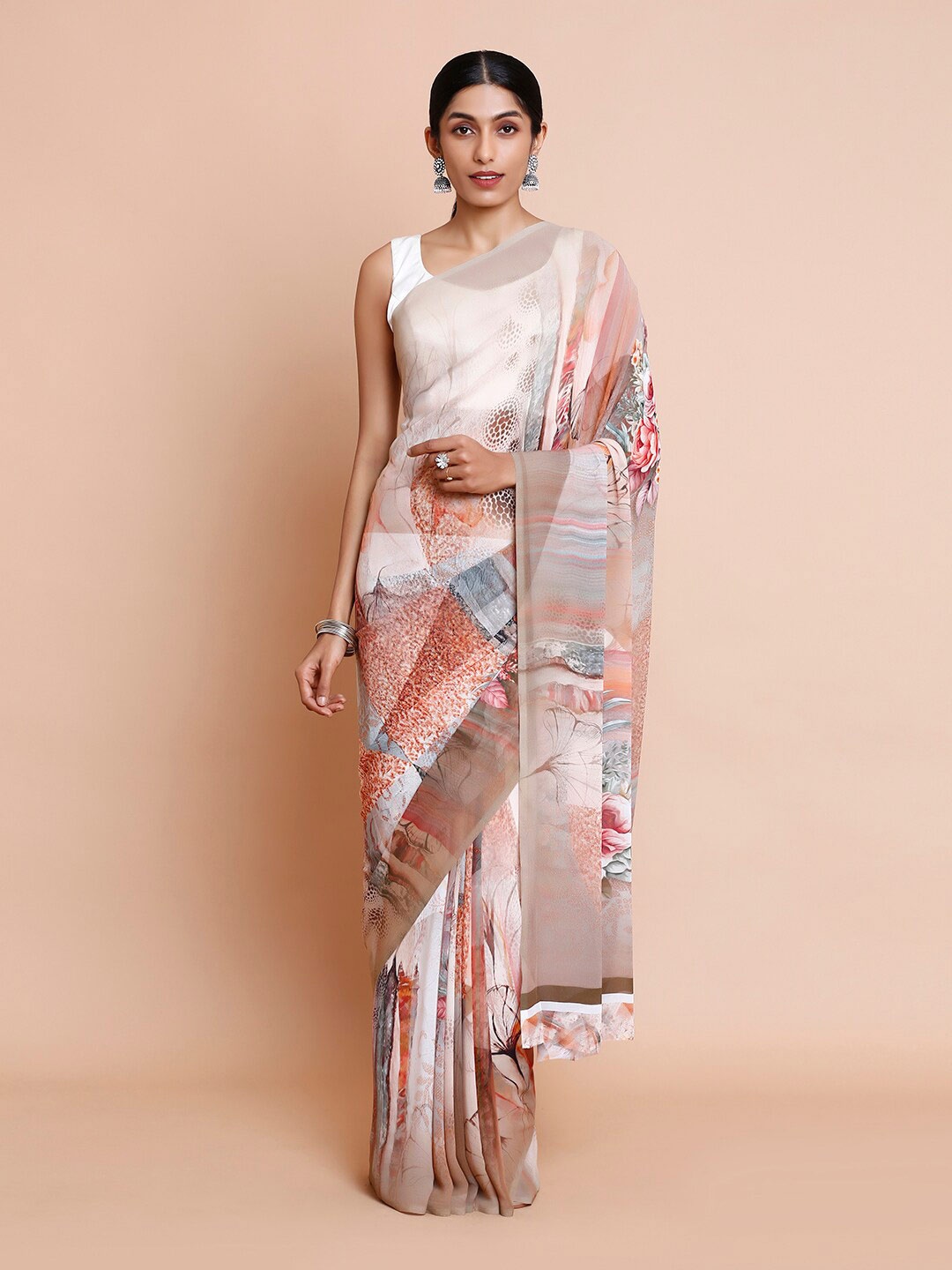 Kalyan Silks Floral Printed Pure Georgette Saree, Cream