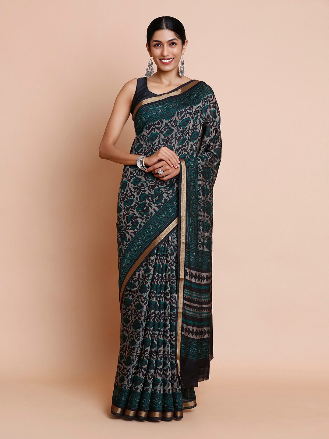 

Kalyan Silks Floral Printed Zari Linen Ikat Saree, Black