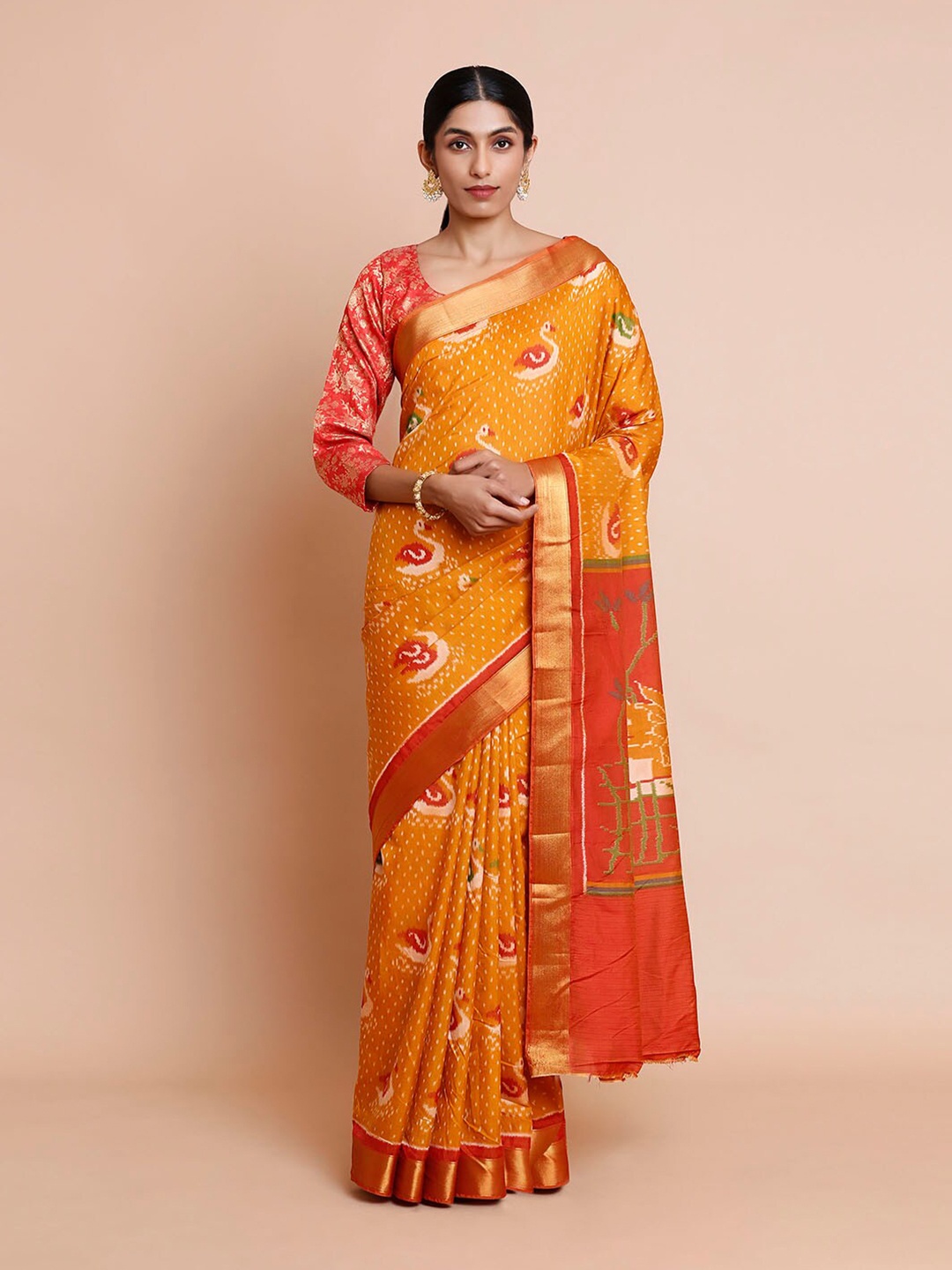 

Kalyan Silks Ikat Printed Zari Saree, Yellow