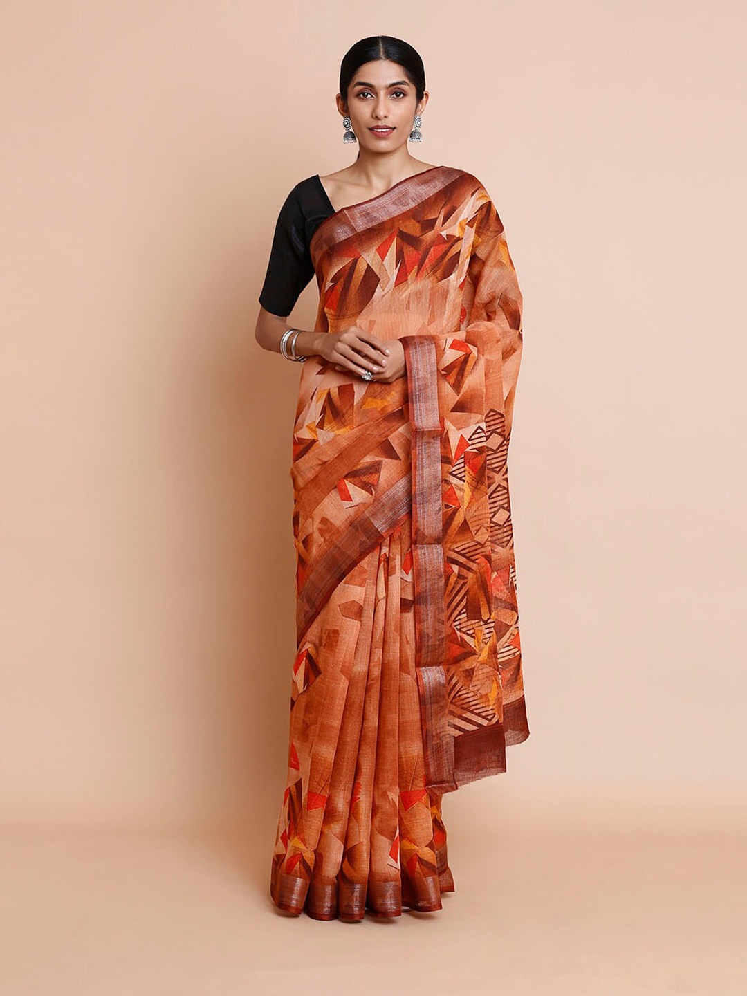 

Kalyan Silks Geometric Printed Zari Bagru Saree, Rust
