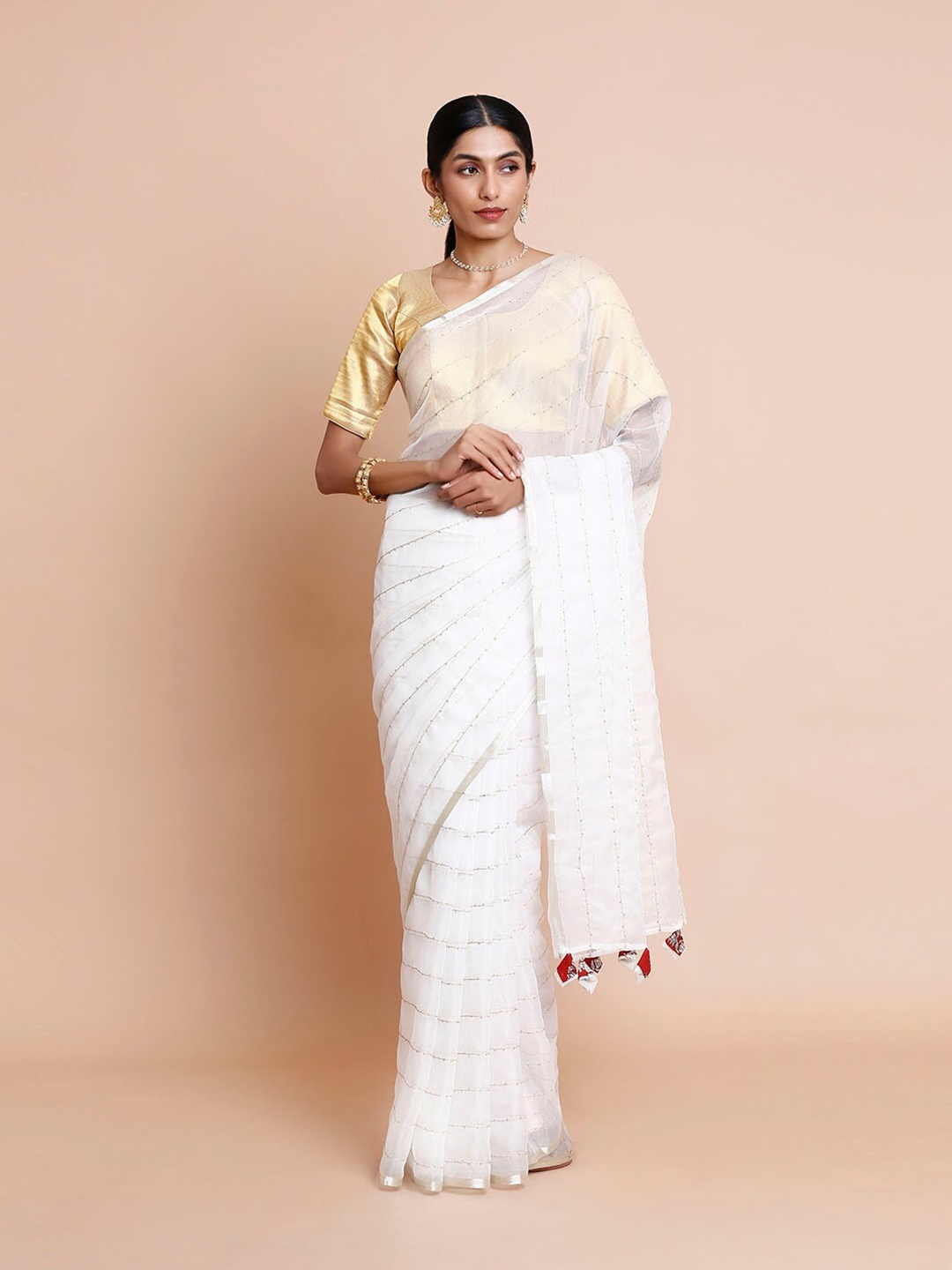 

Kalyan Silks Striped Organza Zari Ikat Saree, White