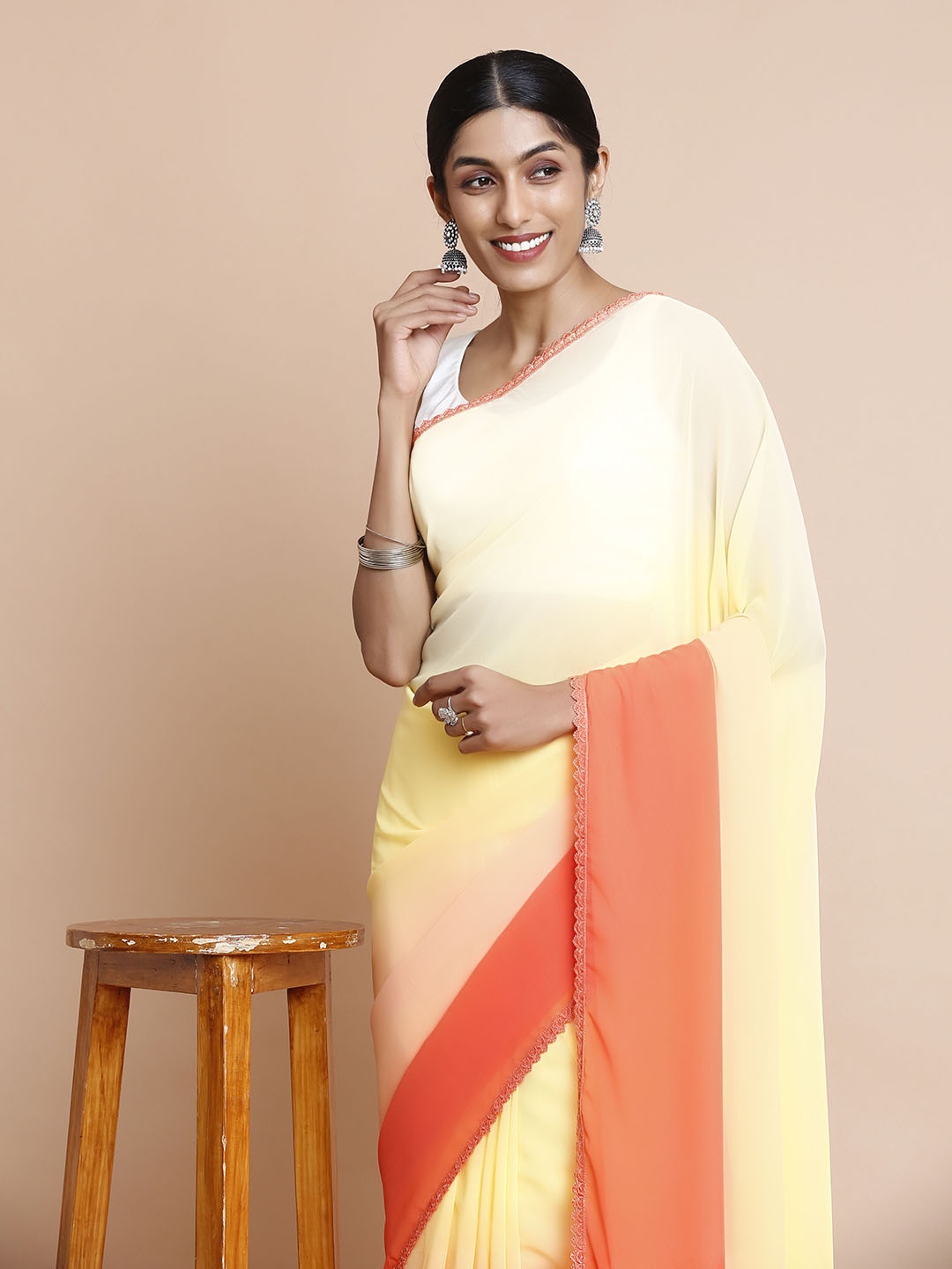 

Kalyan Silks Ombre Zari Embellished Bomkai silk Saree, Peach