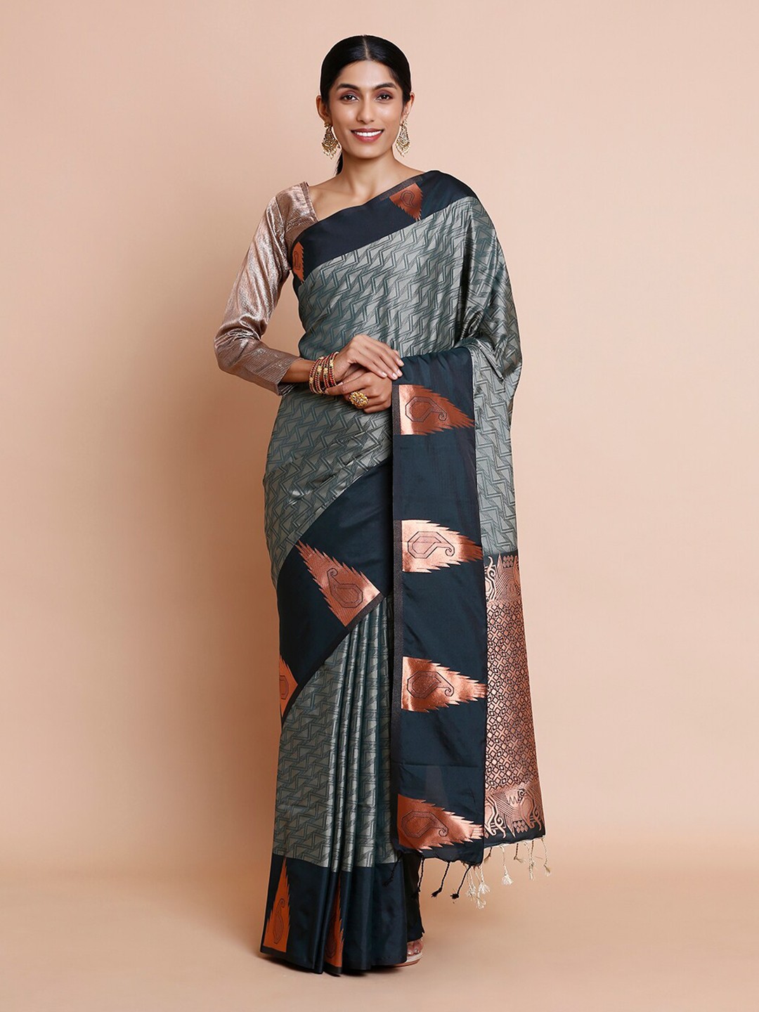 

Kalyan Silks Geometric Zari Kovai Saree, Green
