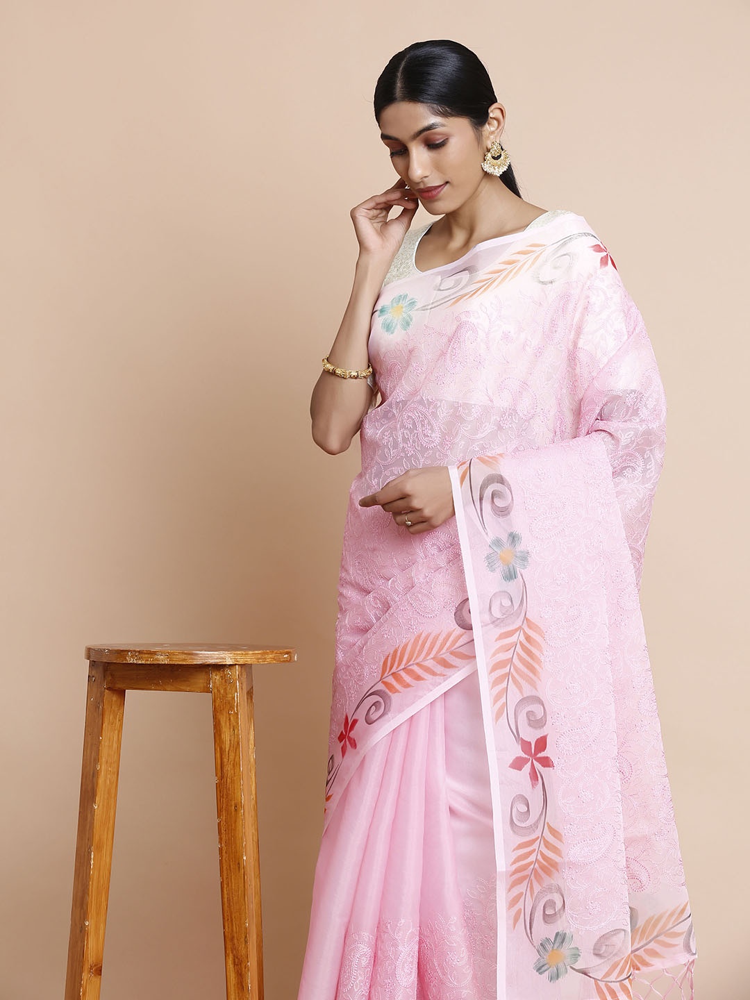 

Kalyan Silks Paisley Embroidered Organza Kota Saree, Pink