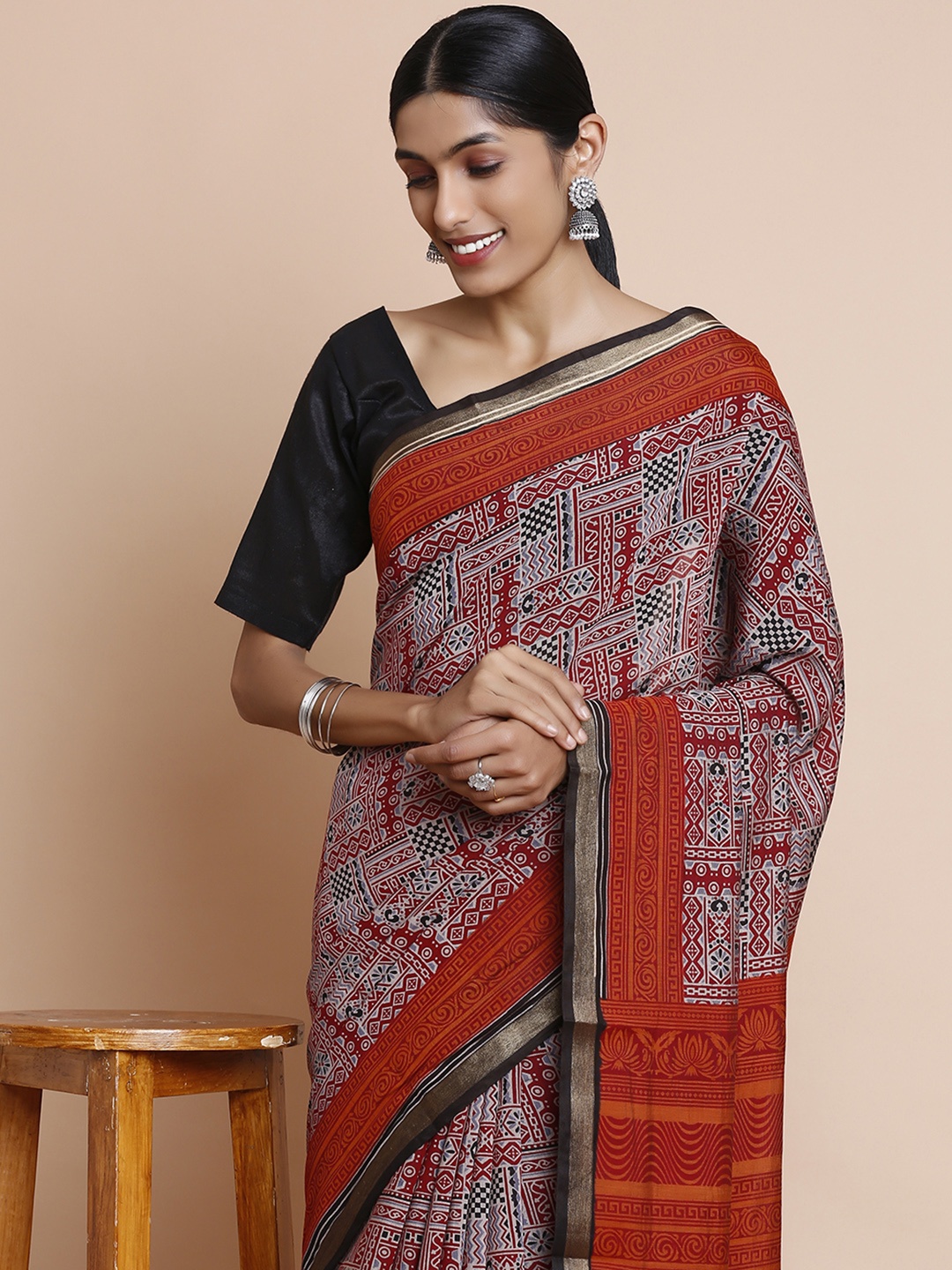 

Kalyan Silks Geometric Printed Zari Pure Cotton Murshidabad silk Saree, Red