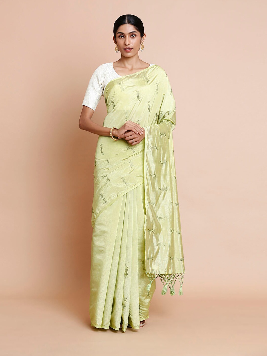 

Kalyan Silks Floral Embroidered Dharmavaram Saree, Green