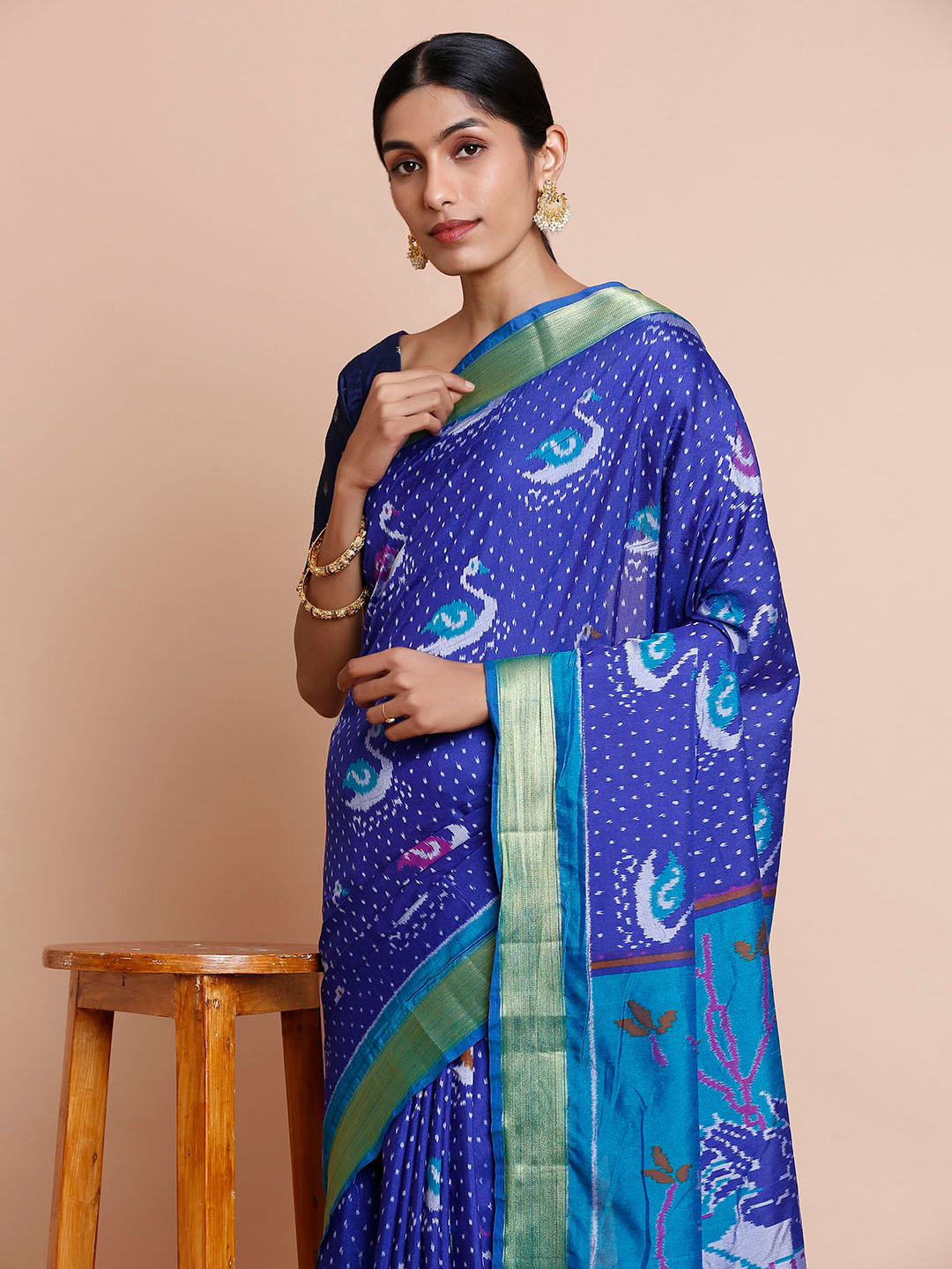 

Kalyan Silks Ikat Printed Zari Paithani Saree, Blue