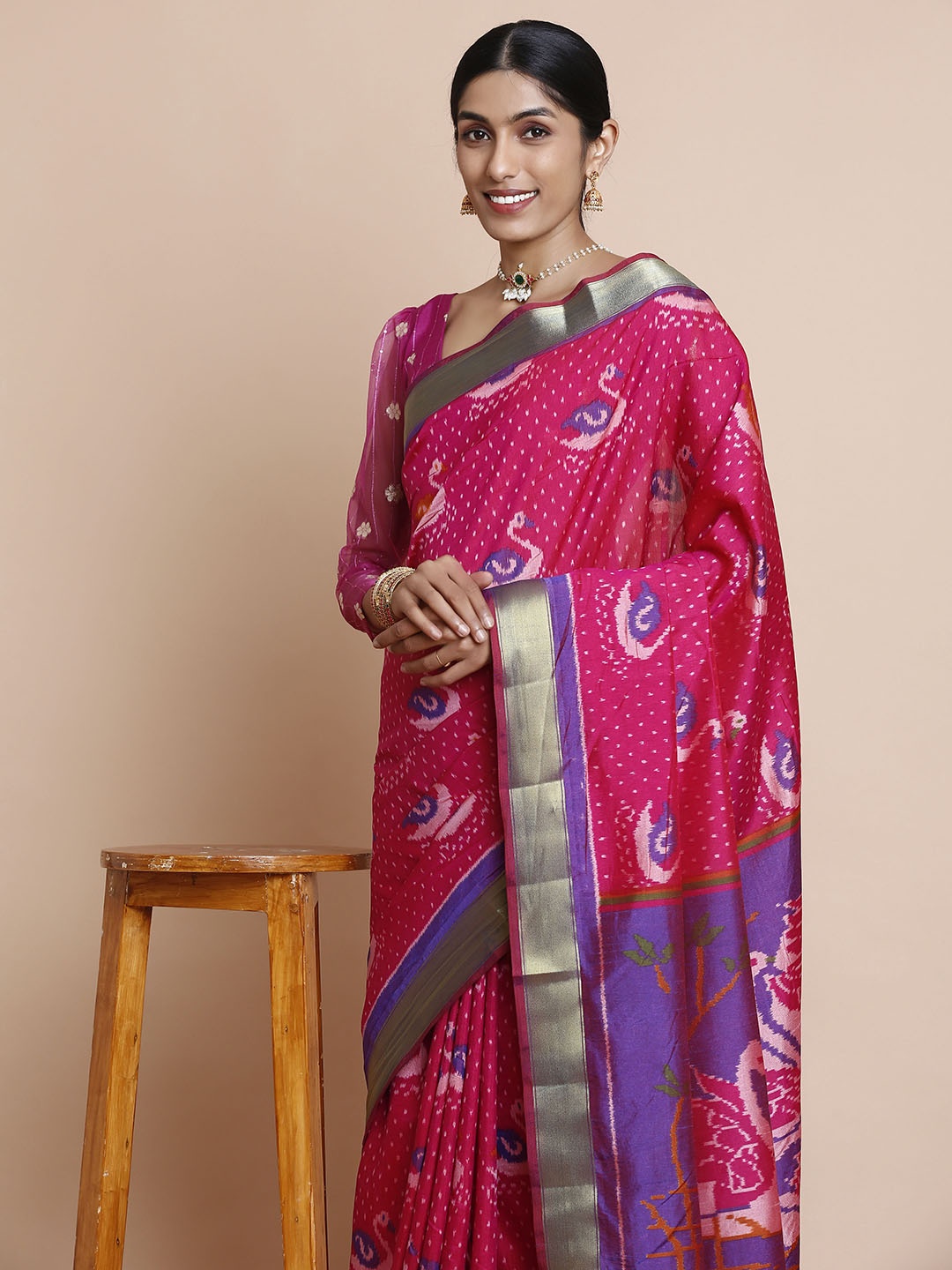 

Kalyan Silks Ethnic Motifs Printed Zari Paithani Saree, Pink