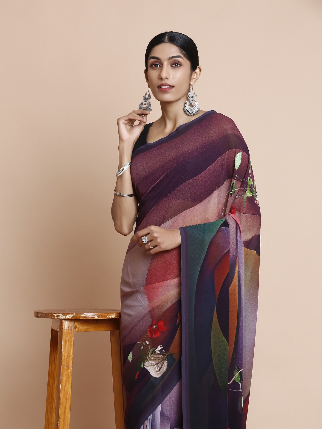 

Kalyan Silks Floral Printed Pure Georgette Kovai Saree, Brown