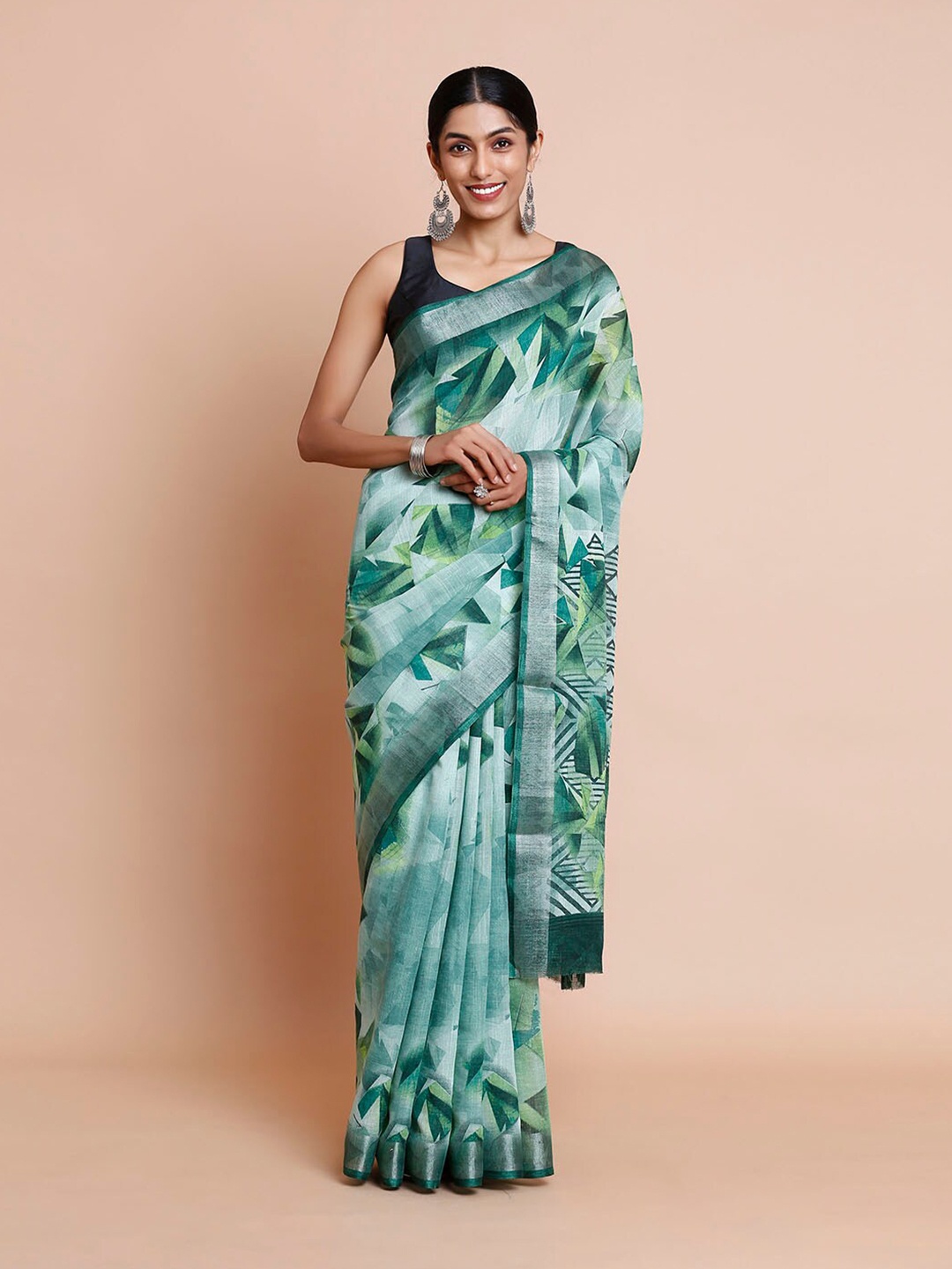 

Kalyan Silks Geometric Printed Zari Bagru Saree, Green