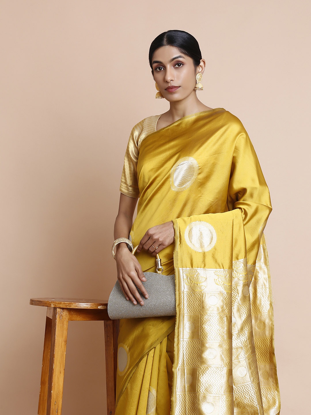 

Kalyan Silks Geometric Woven Design Zari Dharmavaram Saree, Mustard