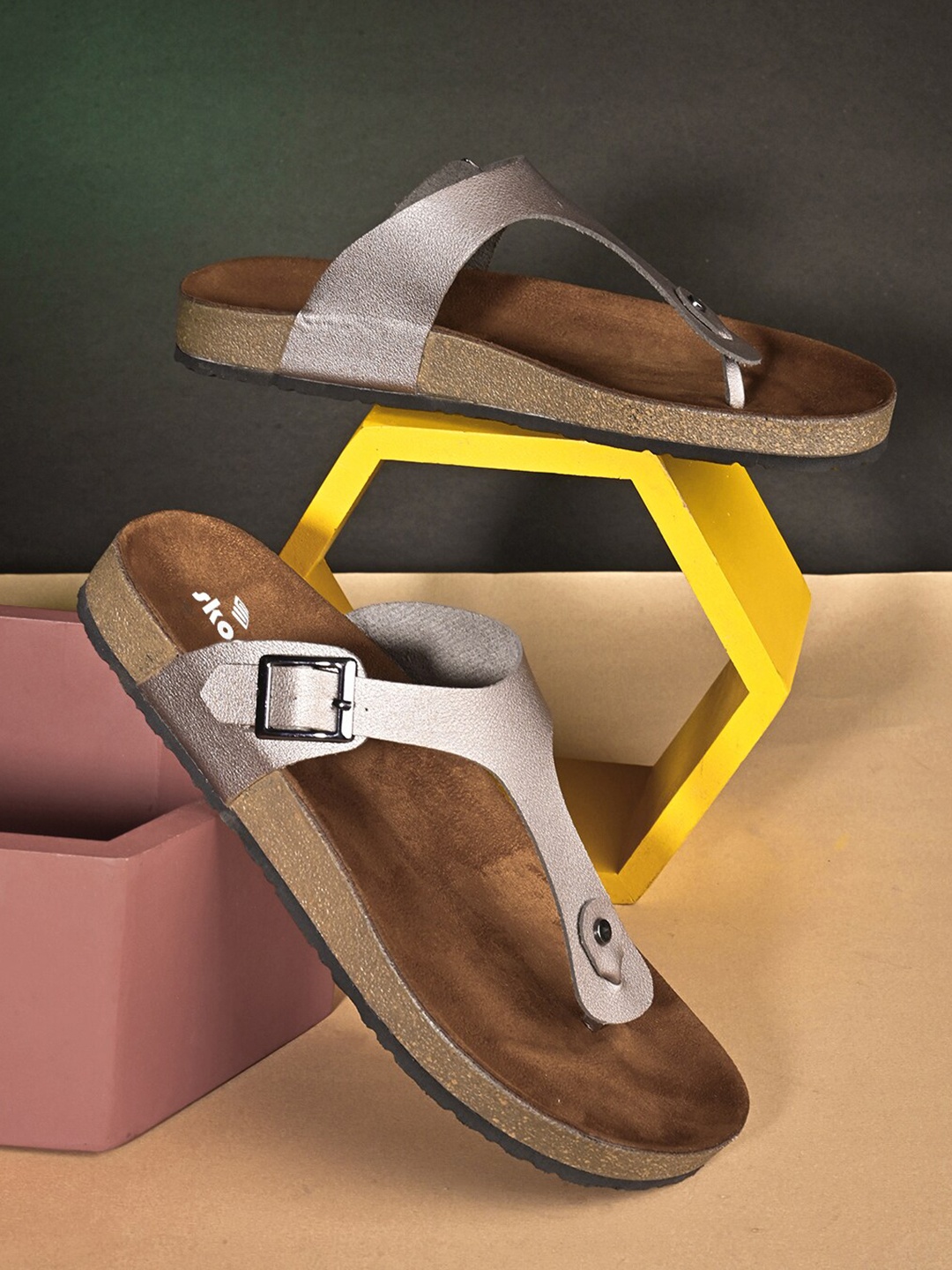 

SKORA Open Toe T-Strap Flats with Buckles, Grey