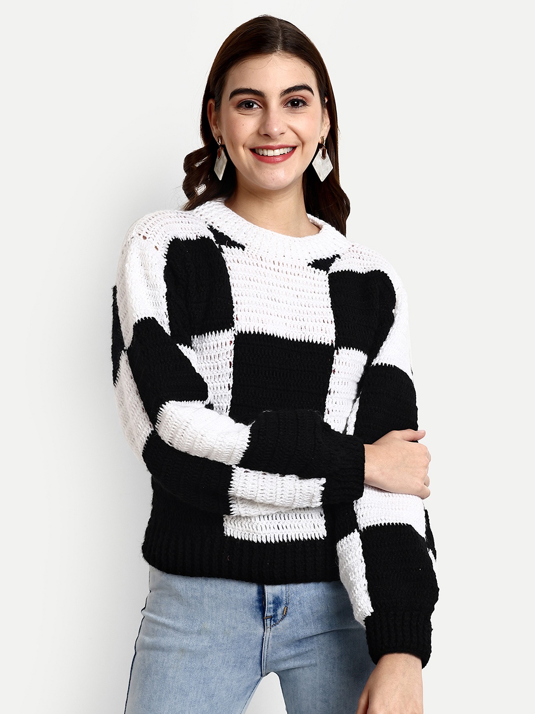 

WINDROP SOLUTIONS Checked Acrylic Pullover Sweater, White