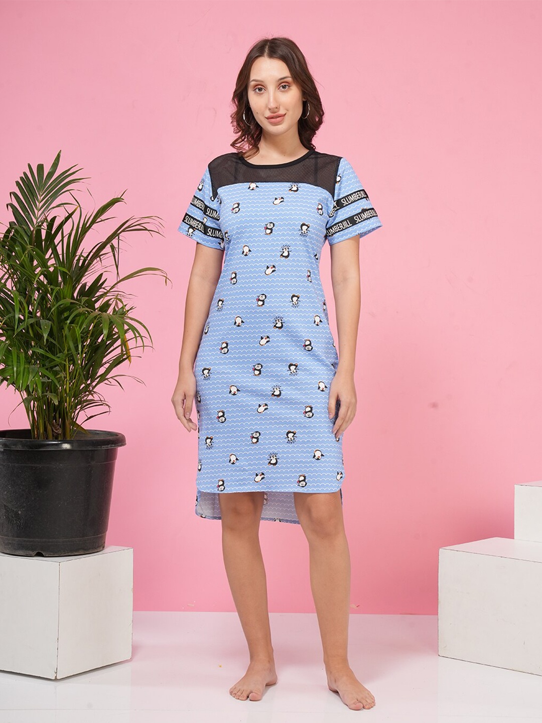 

Slumber Jill Geometric Printed Pure Cotton Nightdress, Blue