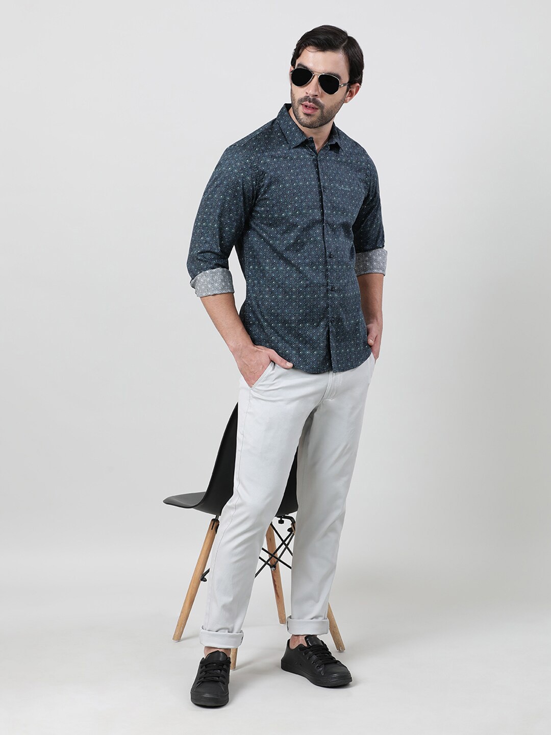 

Crocodile Classic Printed Spread Collar Long Sleeves Cotton Casual Shirt, Blue