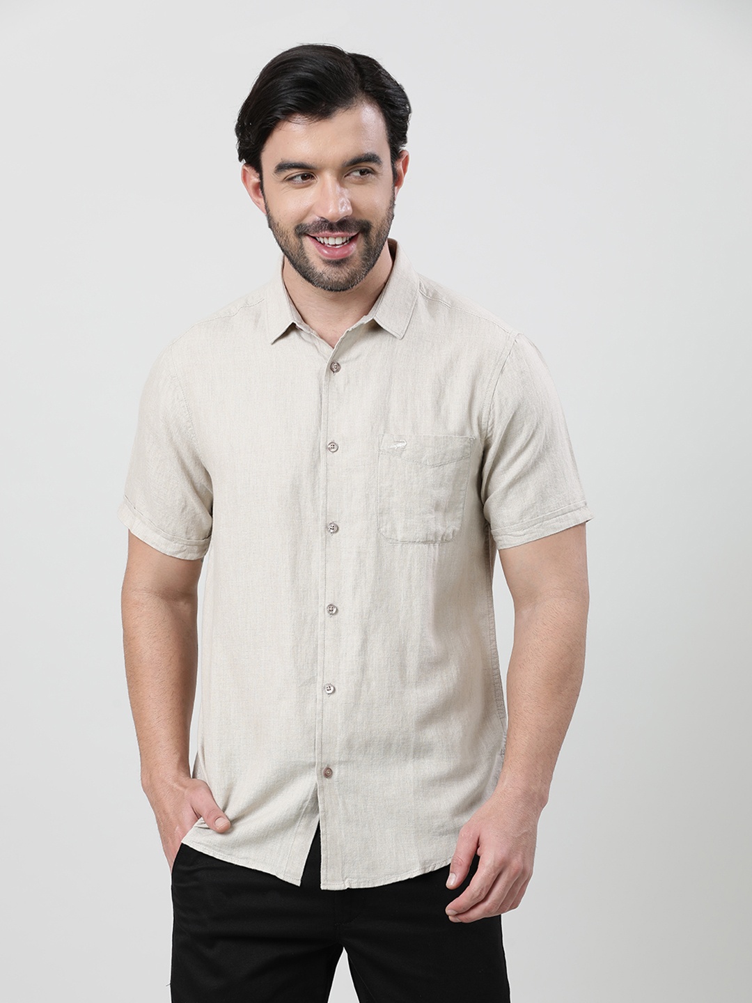 

Crocodile Classic Cotton Linen Casual Shirt, Beige