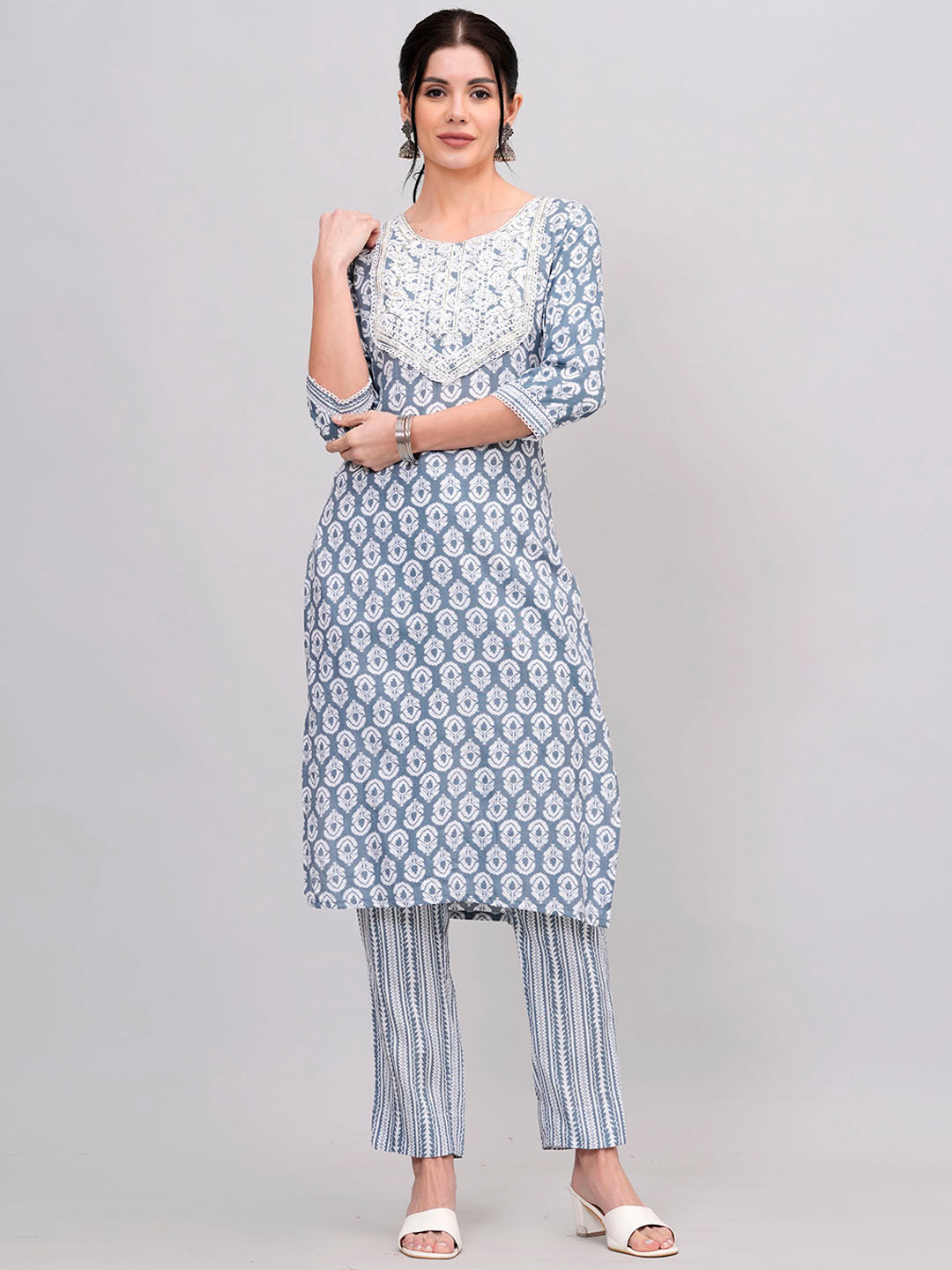 

KALINI Floral Printed Regular Thread Work Kurta with Trousers, Grey