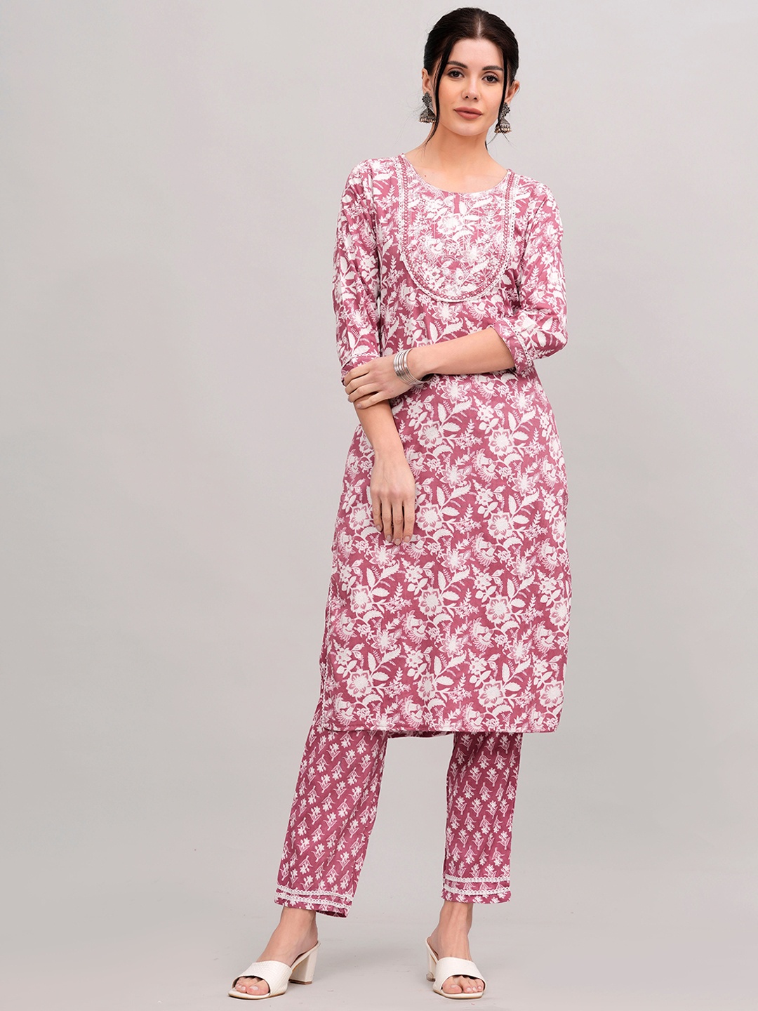 

KALINI Floral Printed Embroidered Regular Kurti with Trousers, Pink